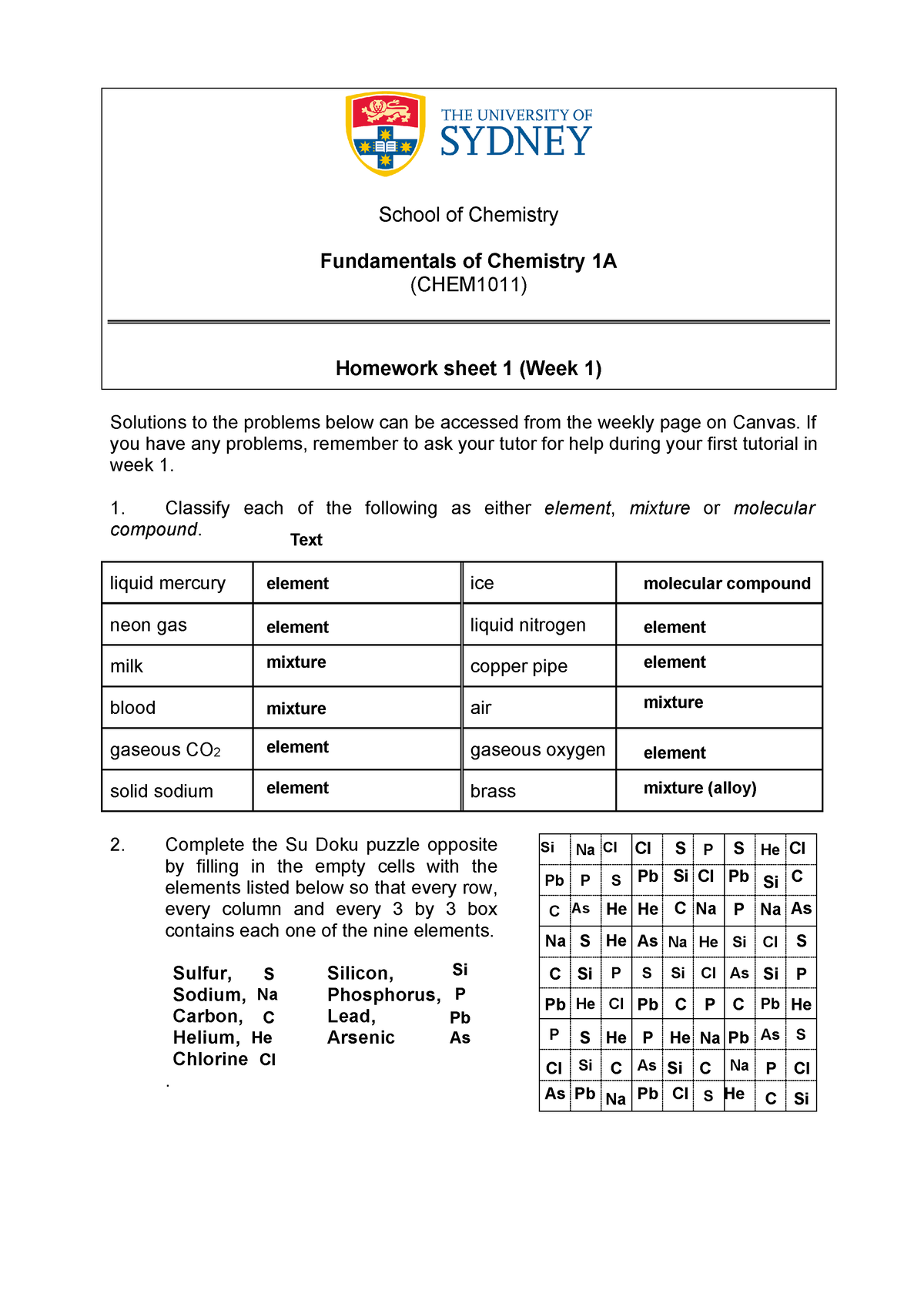 Homework 01 - School Of Chemistry Fundamentals Of Chemistry 1A ...