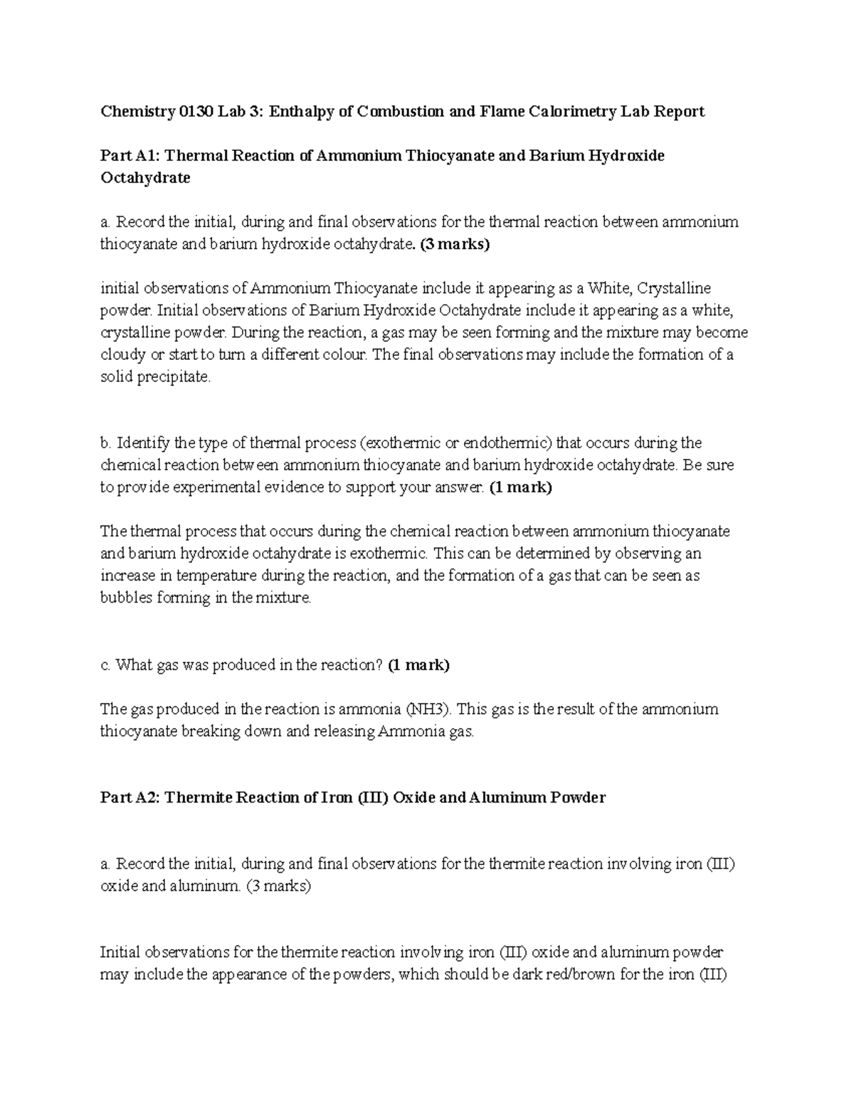 Lab 3 Enthalpy of Combustion and Flame Calorimetry Lab Report Record