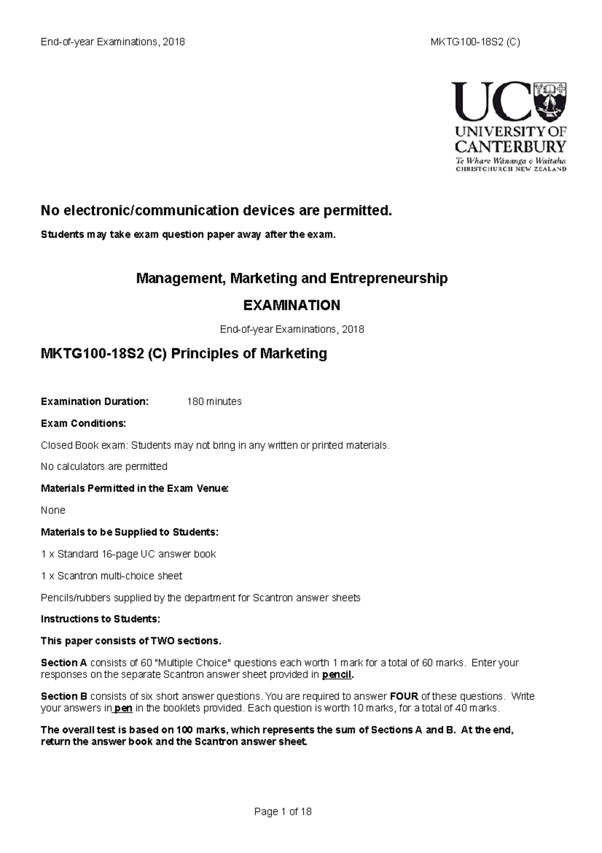 MKTG 2018 S2 Exam 2018 s2 practice exam No