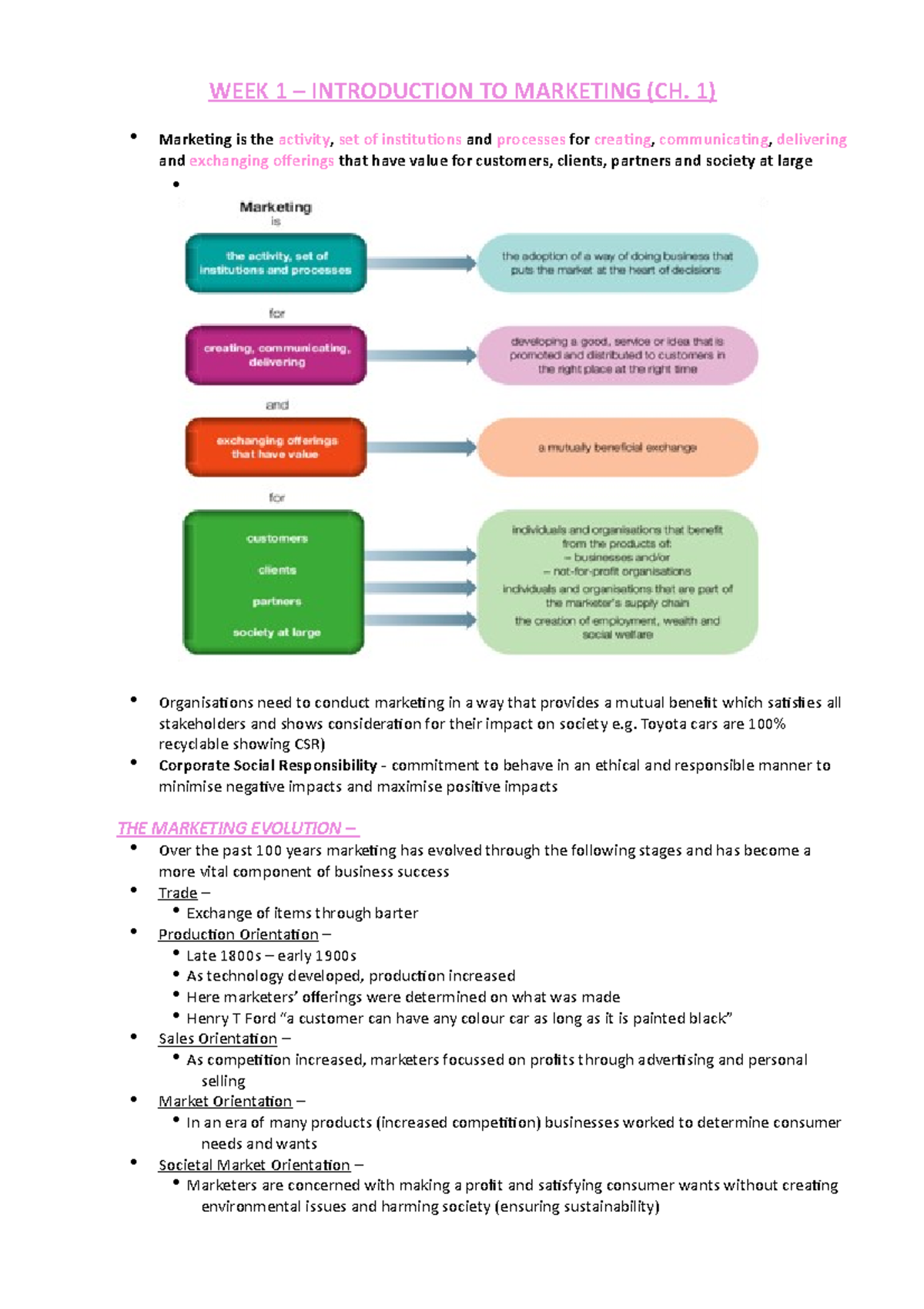 MKTG-101- Notes - WEEK 1 – INTRODUCTION TO MARKETING (CH. 1) Marketing ...