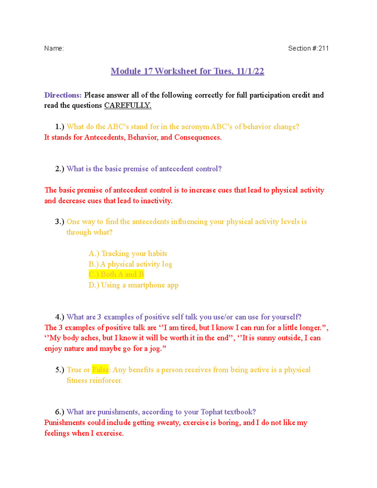 Module 17 Worksheet - The ABC's of behavior change. - Name: Section ...