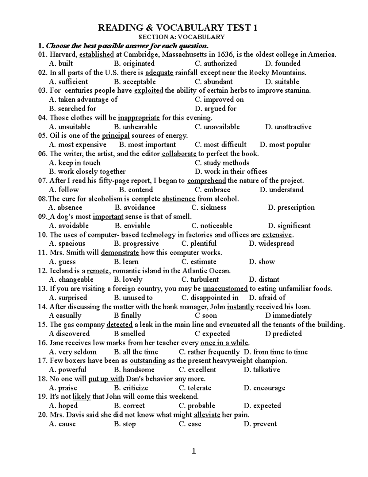 Advanced Reading TEST 1 READING & VOCABULARY TEST 1 SECTION A