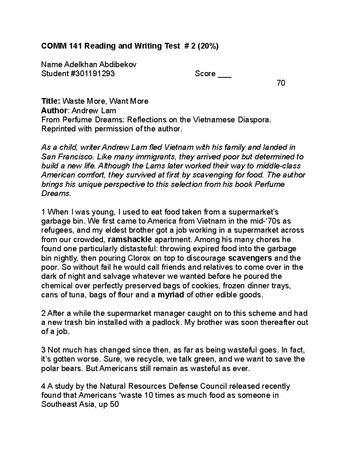 COMM+141+Reading+and+Writing+Test2 COMM 141 Reading and Writing Test