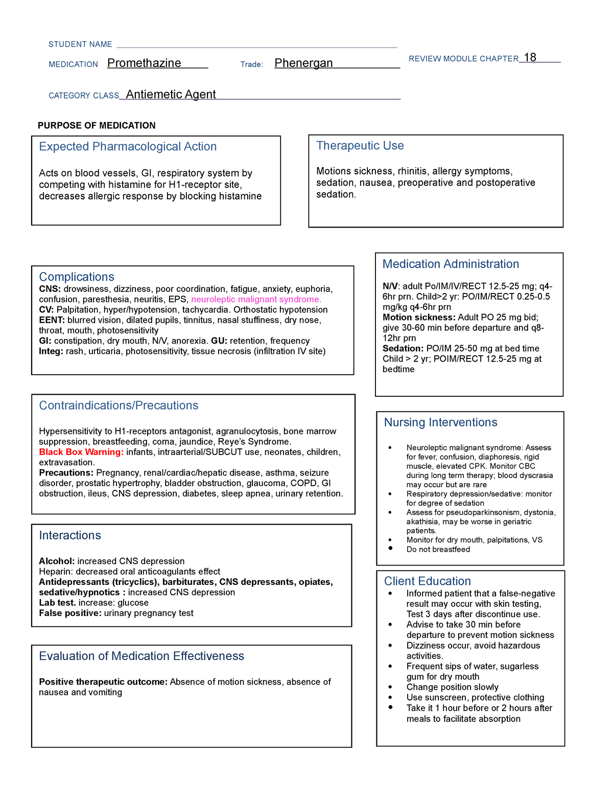 Medication card Phenergan STUDENT NAME MEDICATION Promethazine Trade