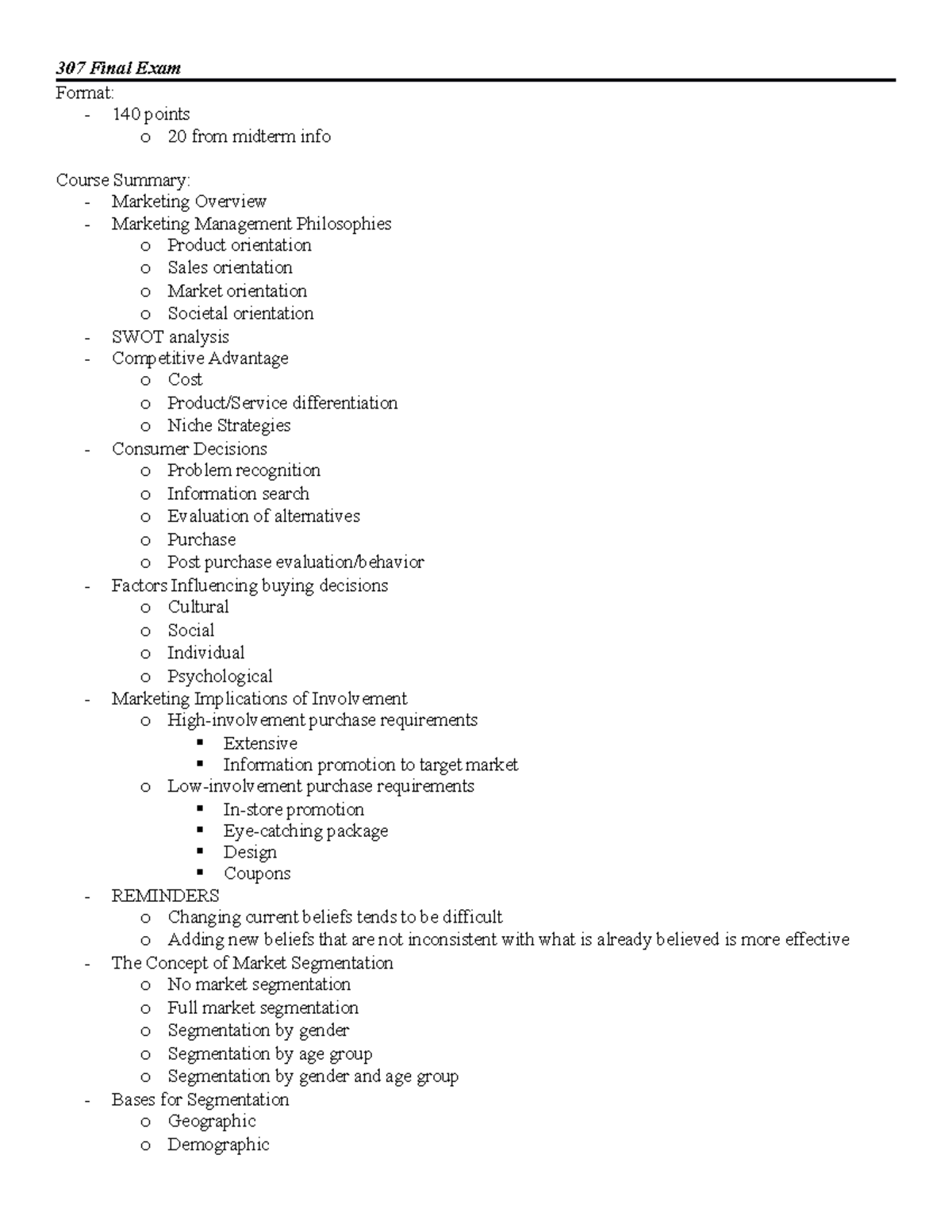 307-final-summary-marketing-fundamentals-307-final-exam-format-140-points-o-20-from-midterm