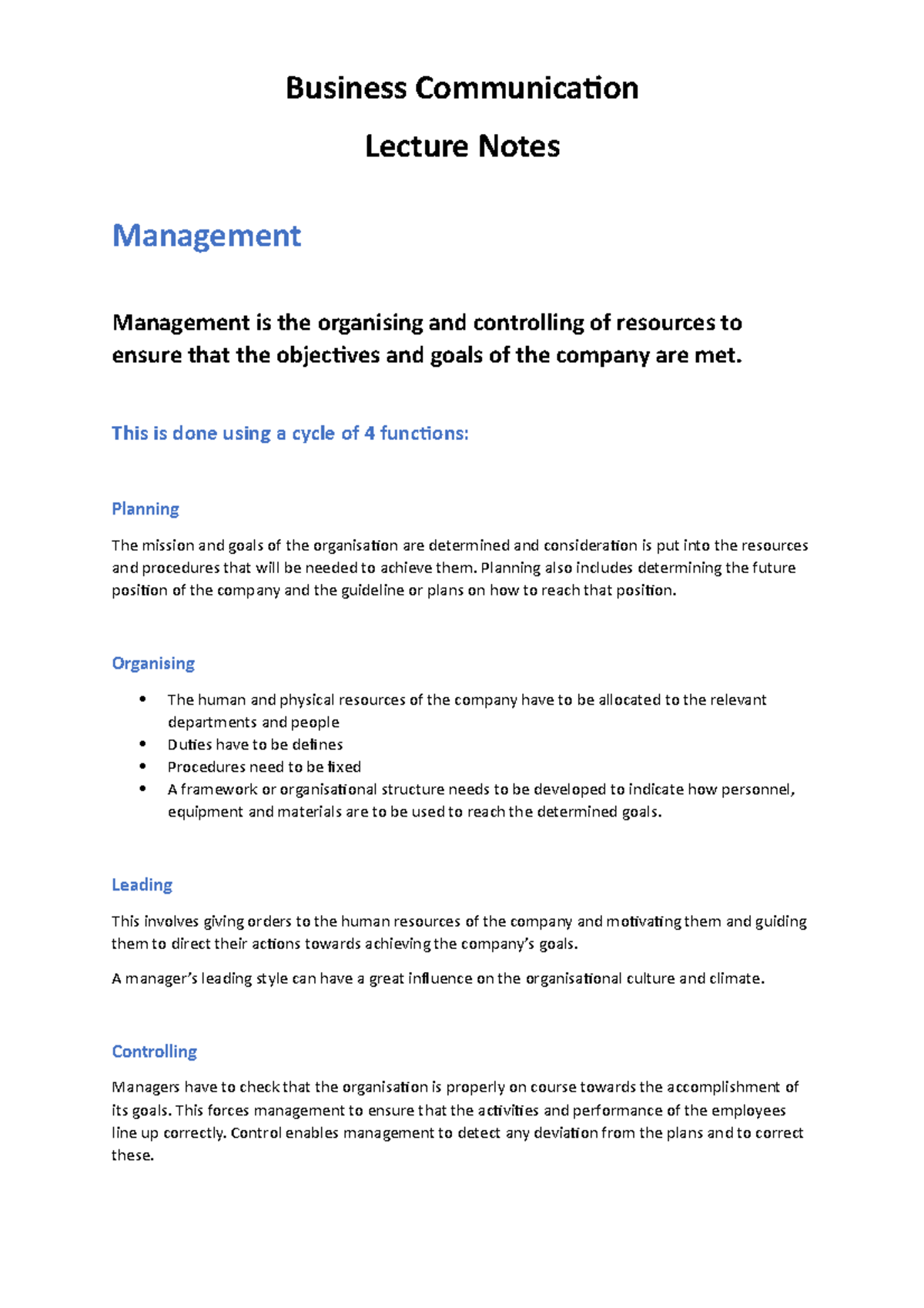 Management Functions - Business Communication Lecture Notes Management ...