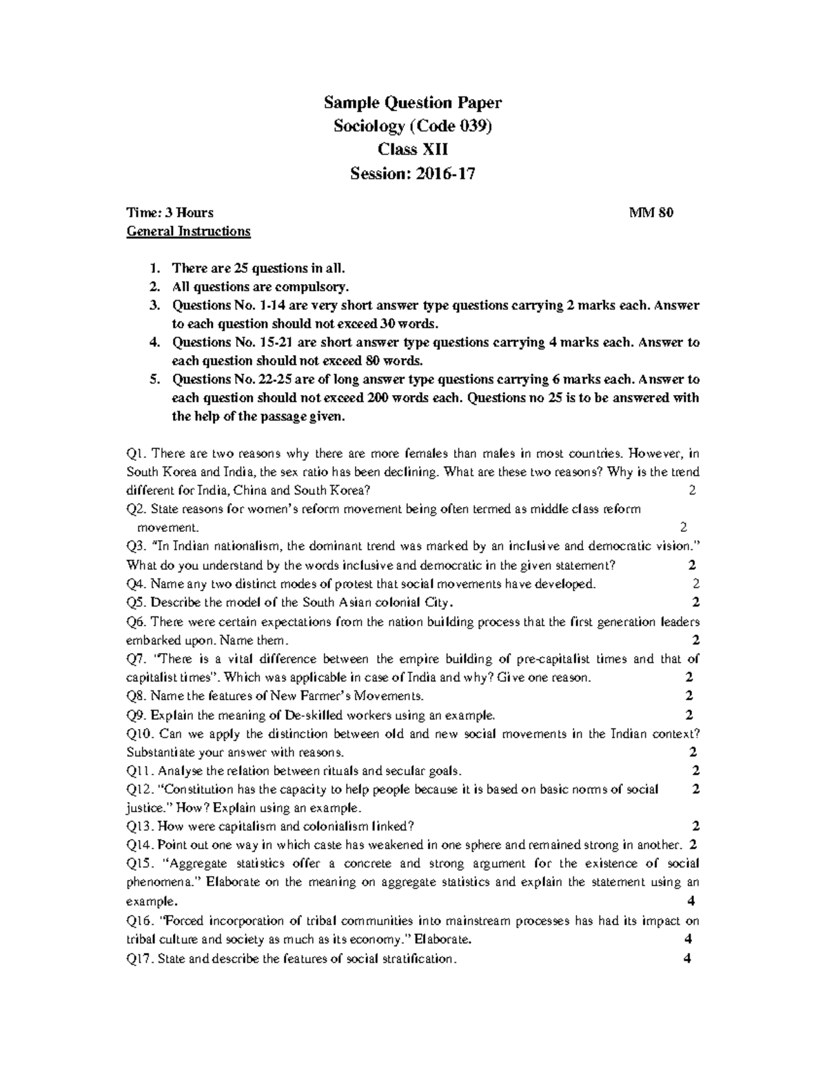 Plustwo sample paper sociology - Sample Question Paper Sociology (Code ...
