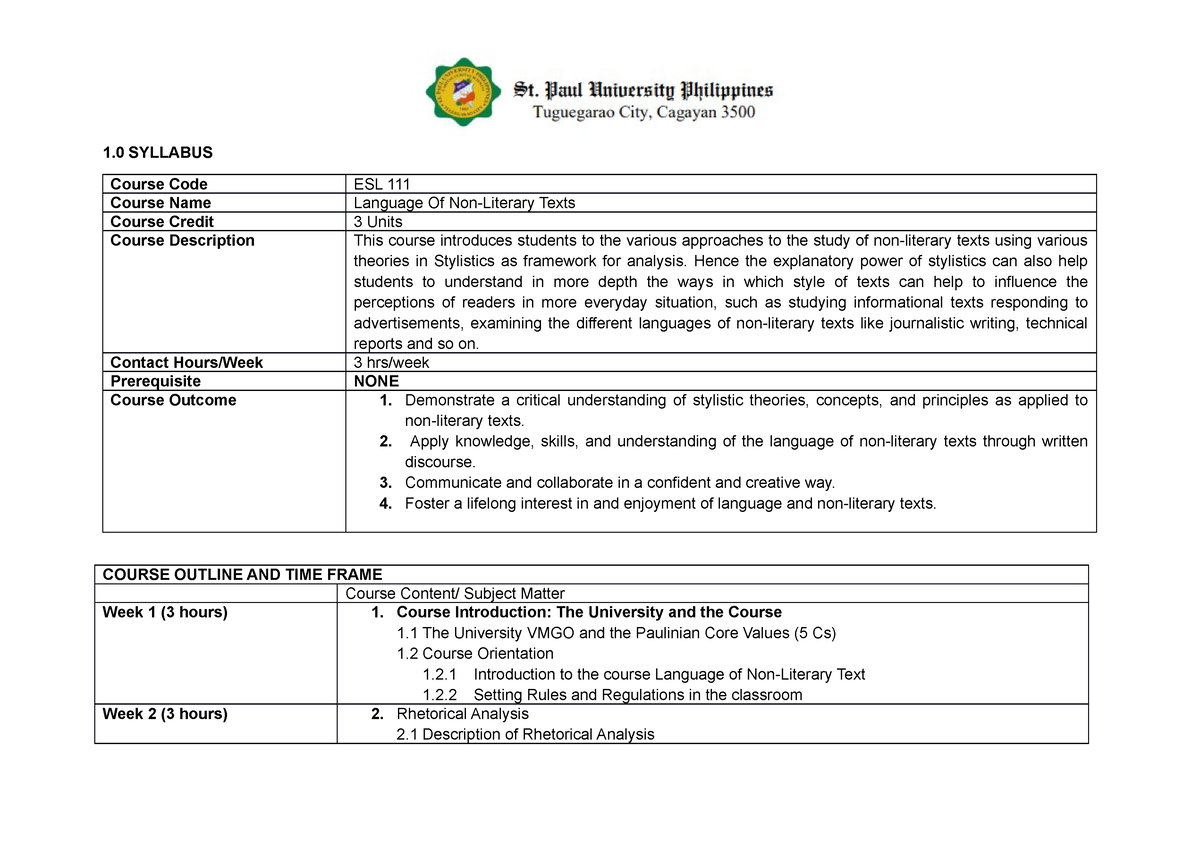 Language OF NON Literary TEXT 1 SYLLABUS Course Code ESL 111 Course 