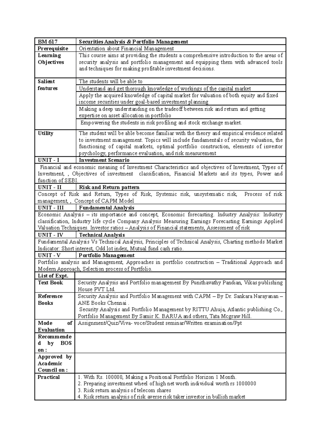 SAPM Syllbus - BM 617 Securities Analysis & Portfolio Management ...