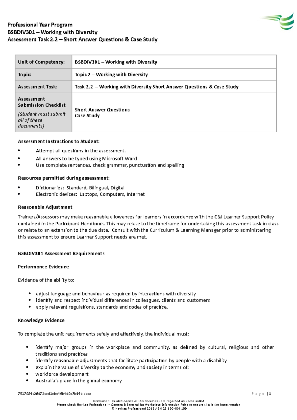 2017 Task 2.2 Bsbdiv 301 Assessment v3 - Professional Year Program ...