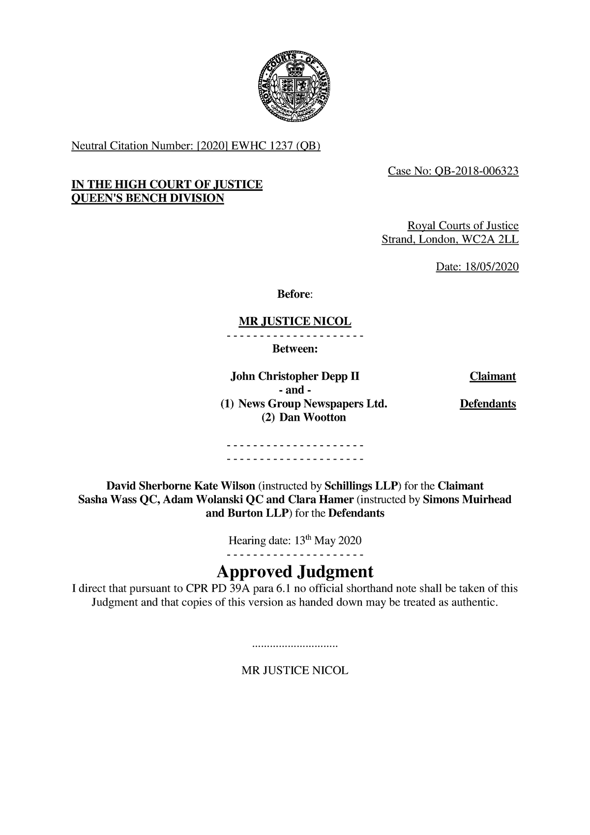 Depp V News Group Judgment 180520 - Neutral Citation Number: [2020 ...