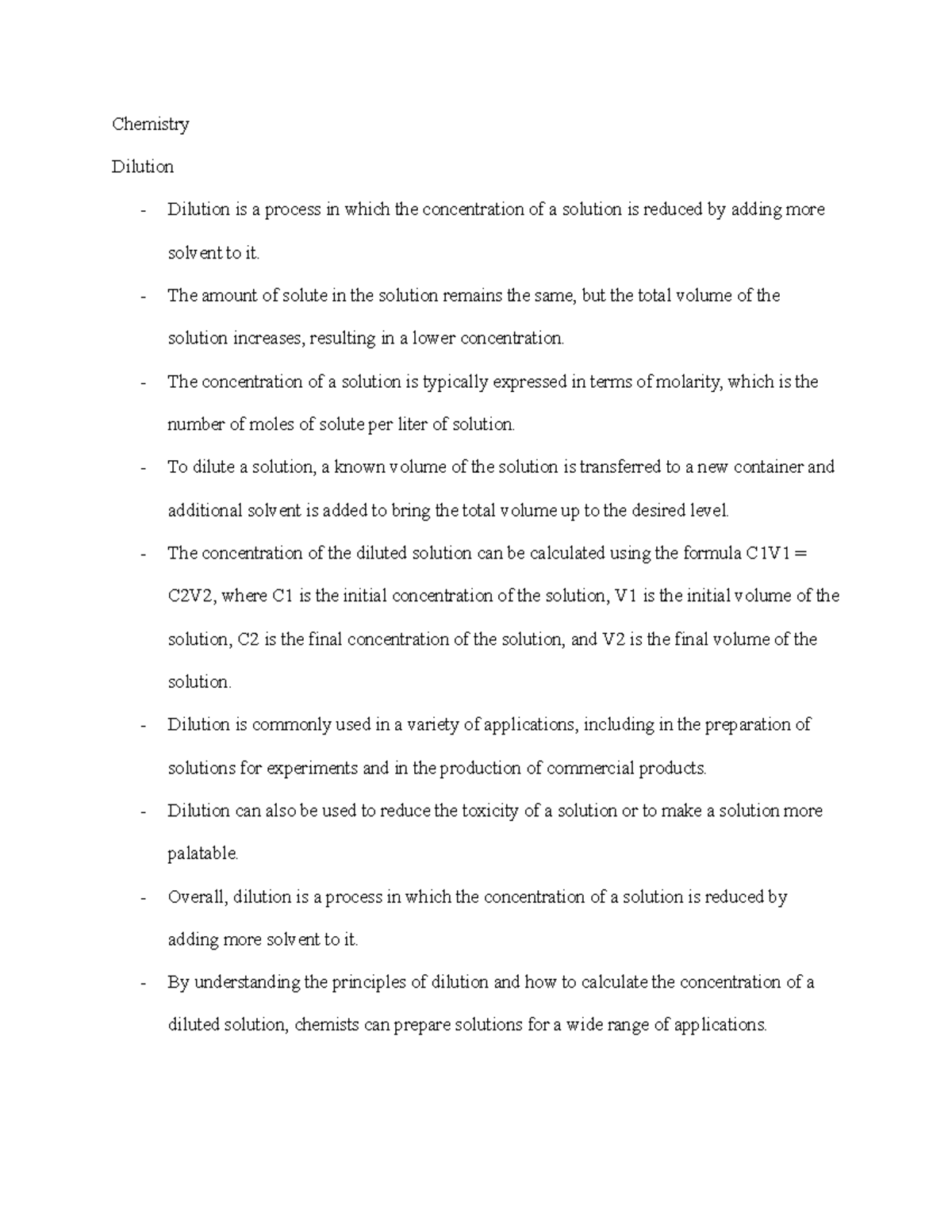 Chemistry-Dilution - dilution notes - Chemistry Dilution - Dilution is ...