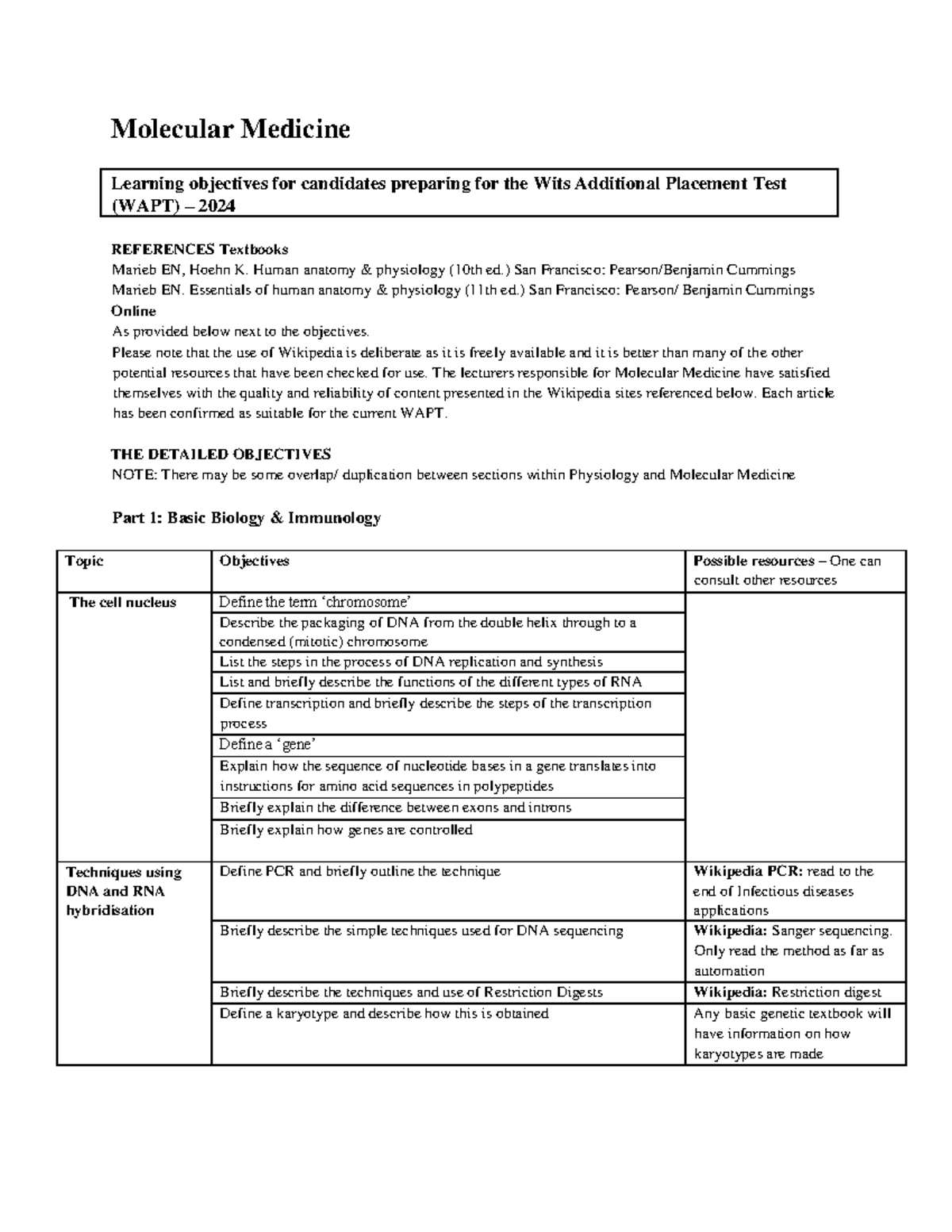 Molecular Medicine objectives for WAPT 2024 Molecular Medicine