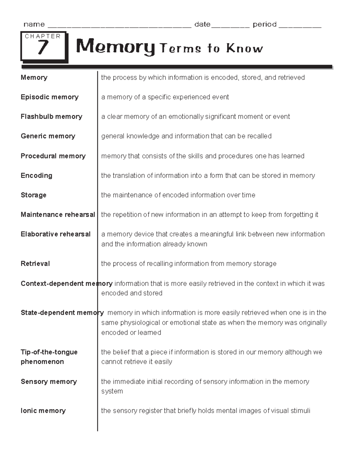 Memory Terms Definitions - Memory the process by which information is ...