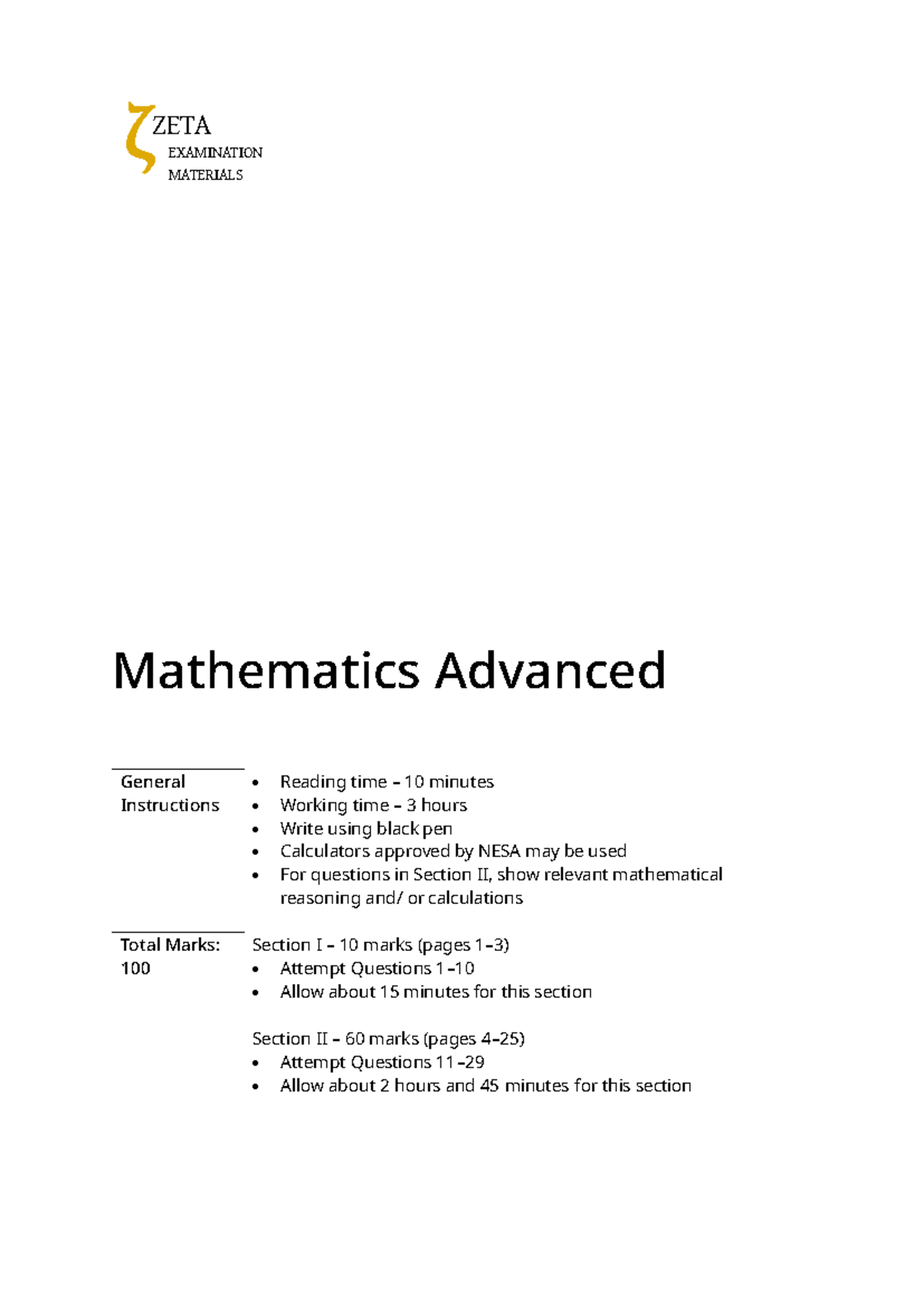 Zeta Advanced Math Paper 2023 - Mathematics Advanced General ...