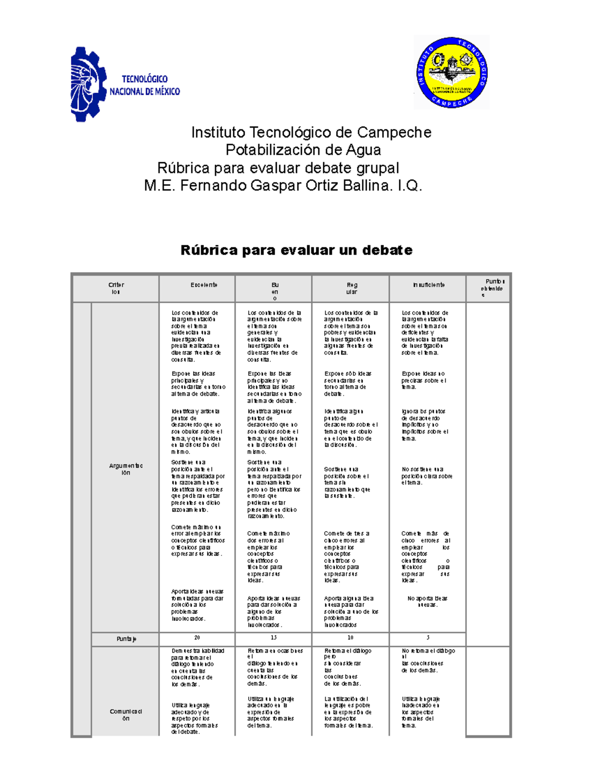 Rubrica Debate Aplica Para Todas Las Asignaturas Potabilización De Agua Rúbrica Para Evaluar 4360