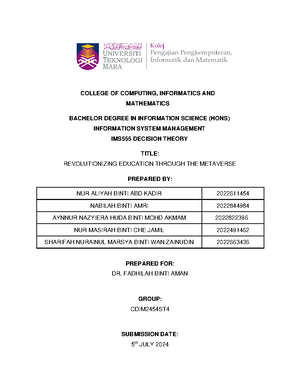 IMR652 - PAIR Assignment - SCHOOL OF INFORMATION SCIENCE, COLLEGE OF ...