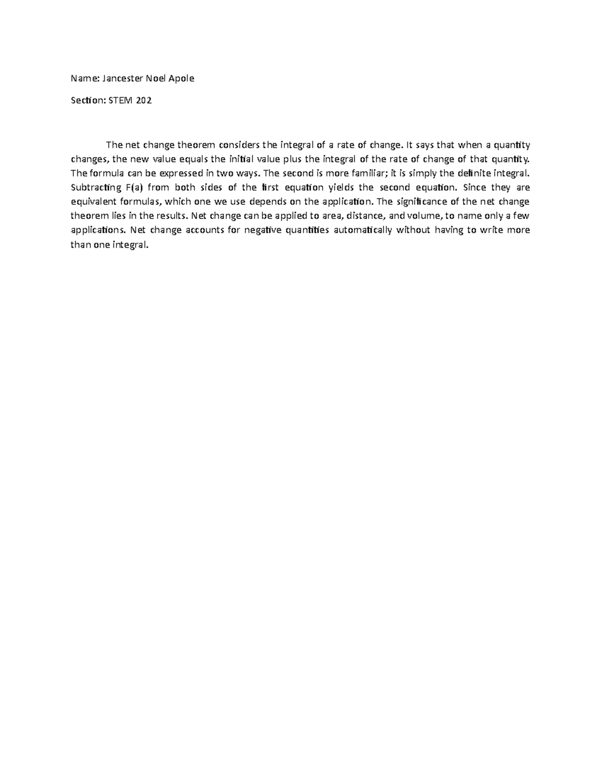 Net Change - Name: Jancester Noel Apole Section: STEM 202 The net ...