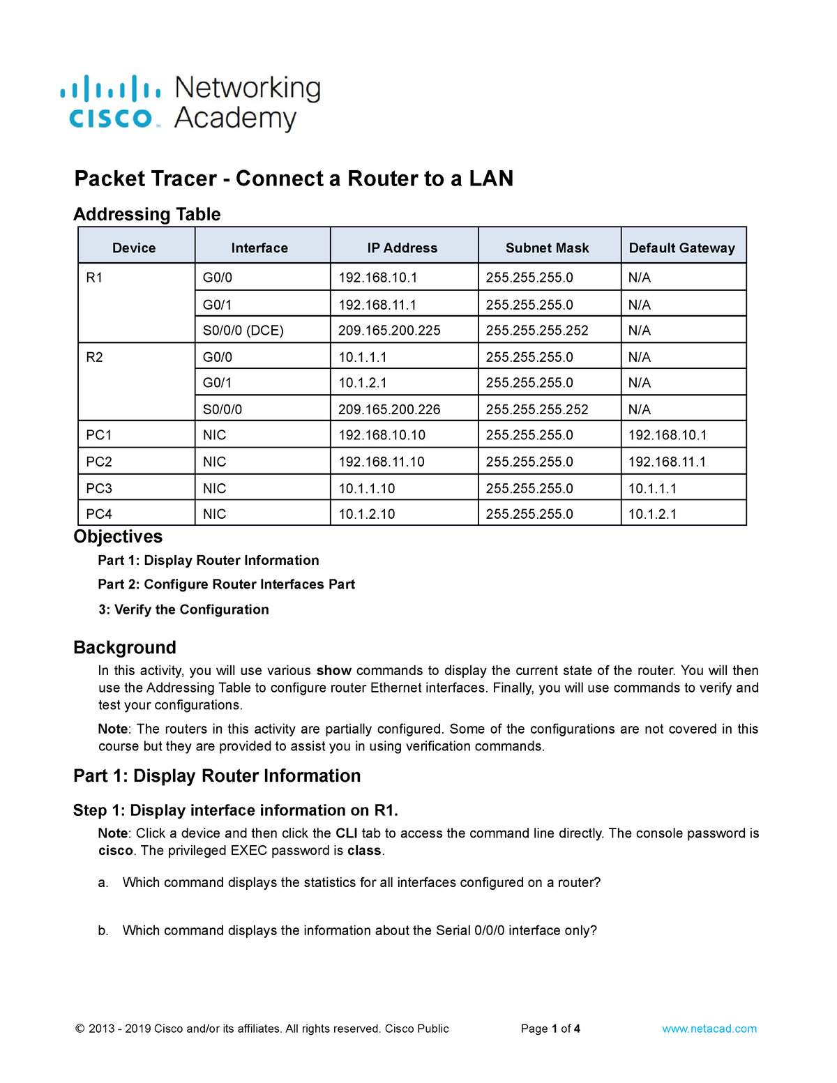 10 - Cisco Pdf Answers. - Addressing Table Device Interface IP Address ...