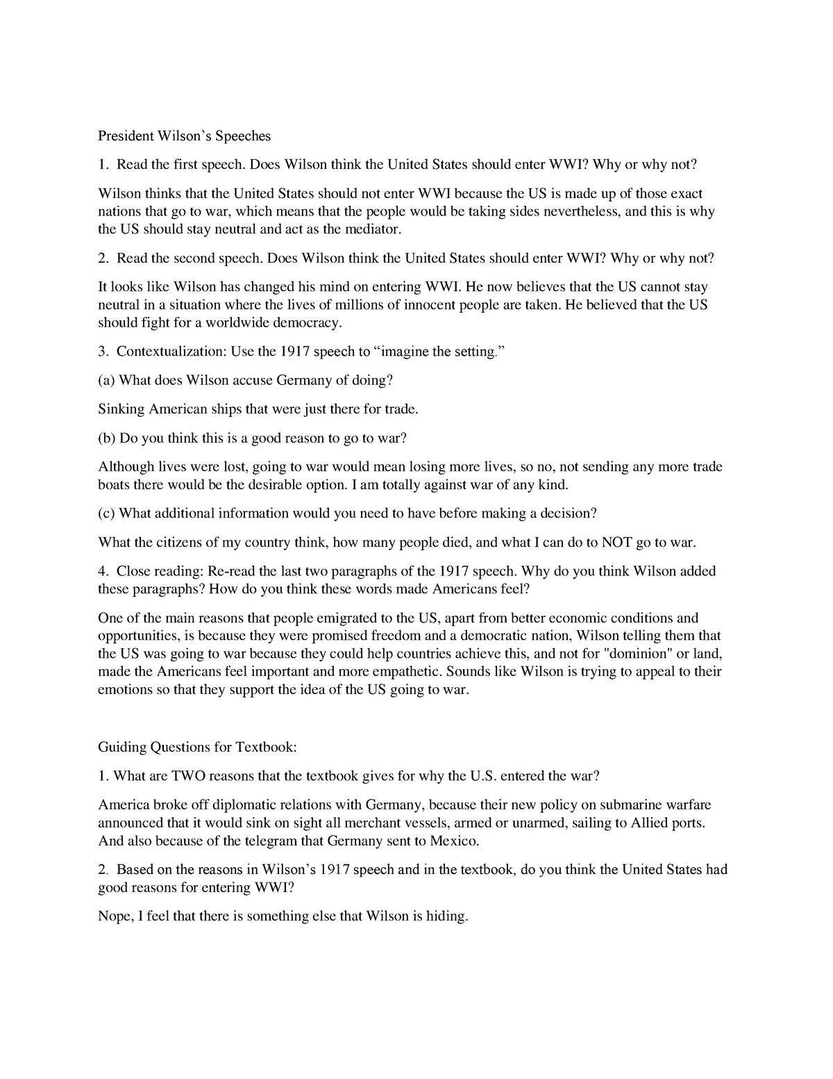 U.S Entry into WW1 - Mariami - President Wilson’s Speeches Read the ...