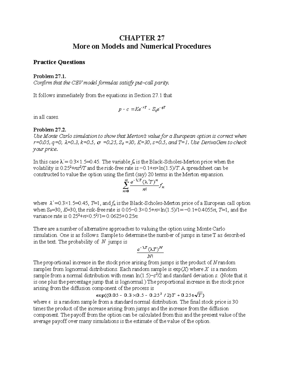 Hull OFOD 9e Solutions Ch 27 - CHAPTER 27 More On Models And Numerical ...