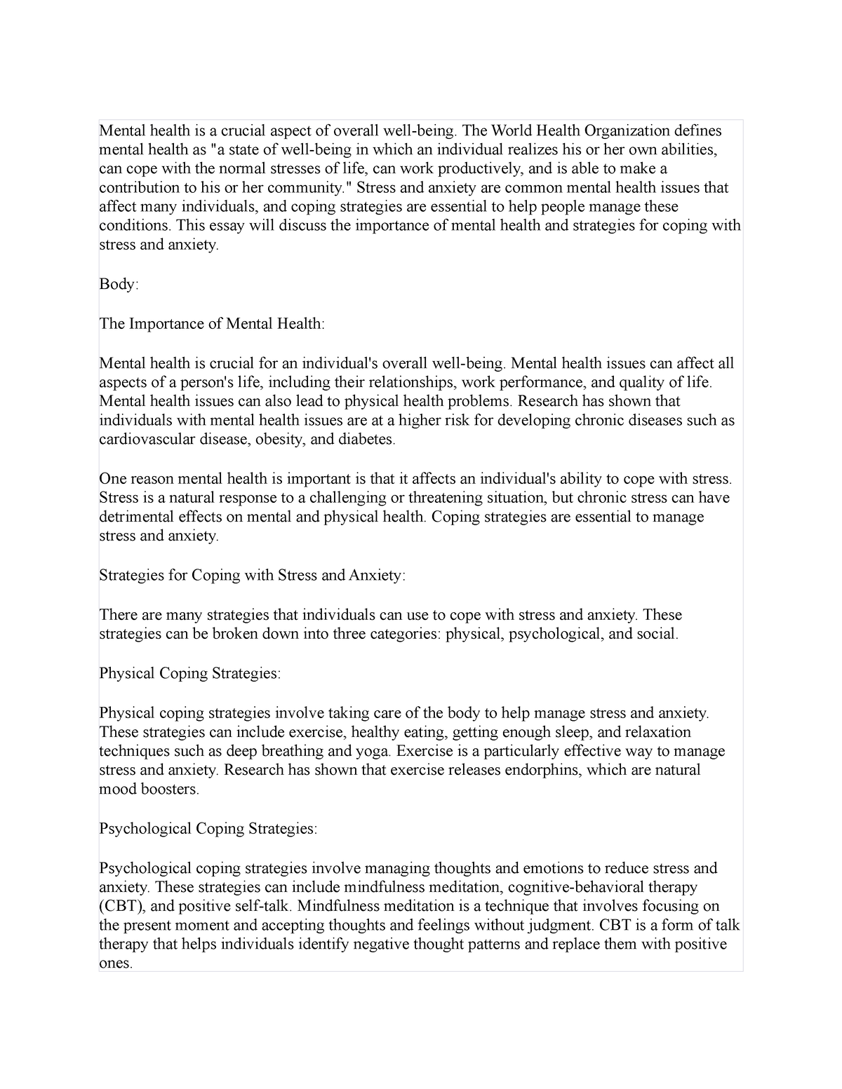 importance of mental health essay 300 words