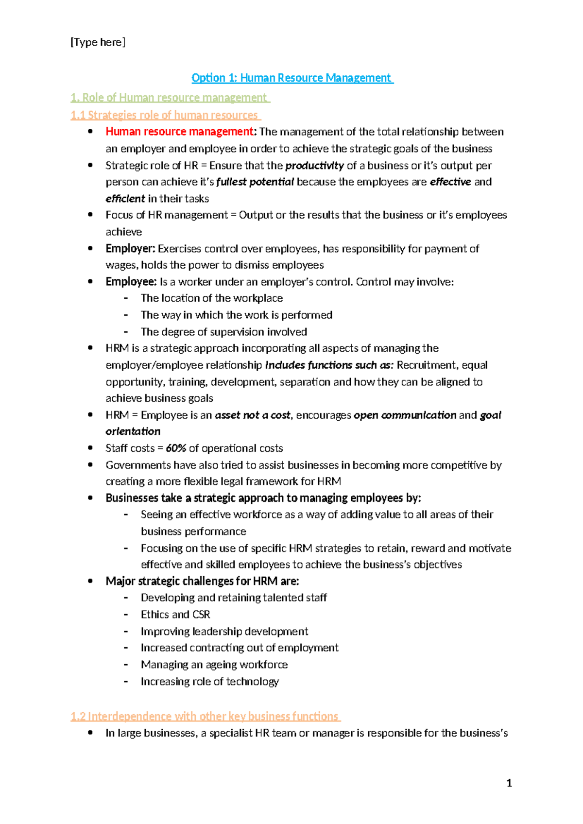 Option 2 - HRM - notes for practice - Option 1: Human Resource ...