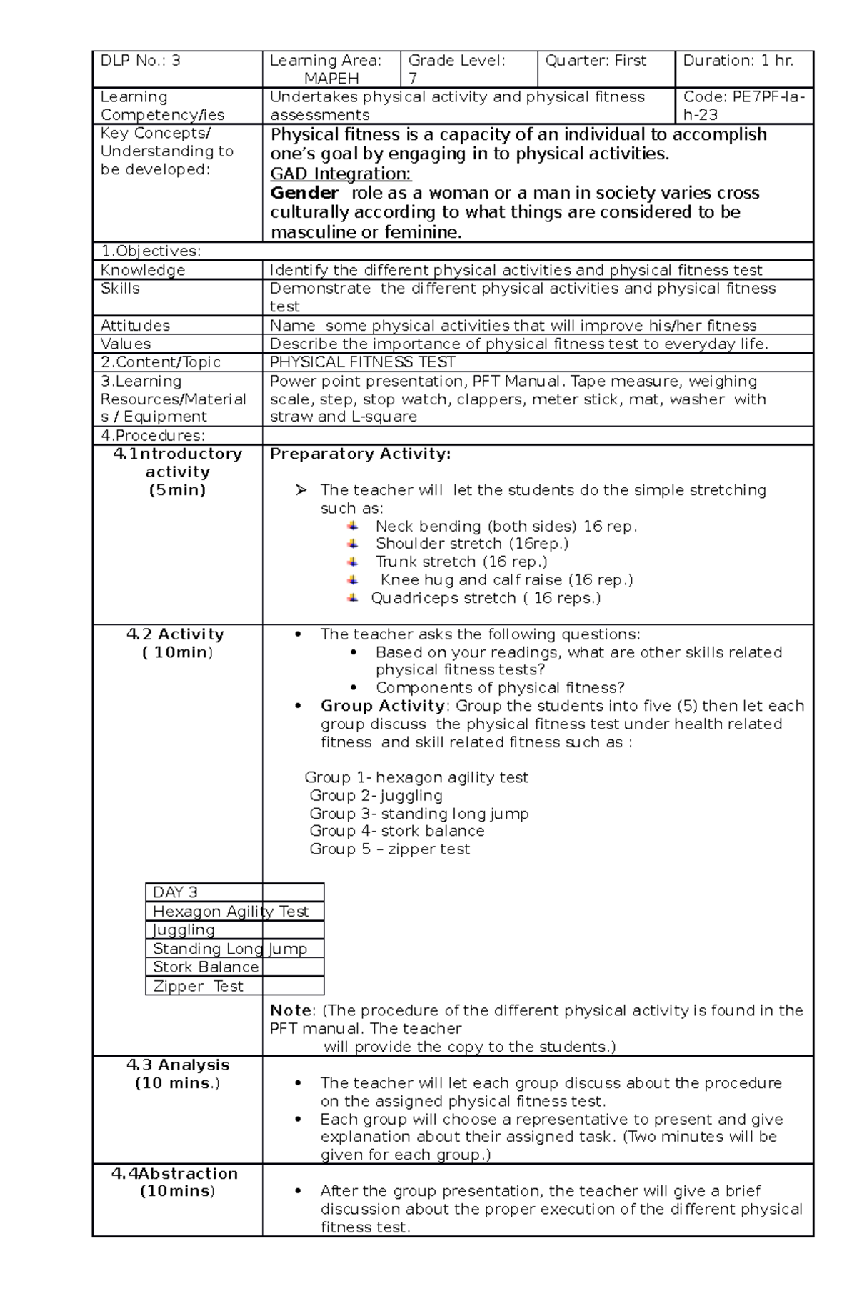 17 Pe7dlp - DLP MAPEH 7 - DLP No.: 3 Learning Area: MAPEH Grade Level ...