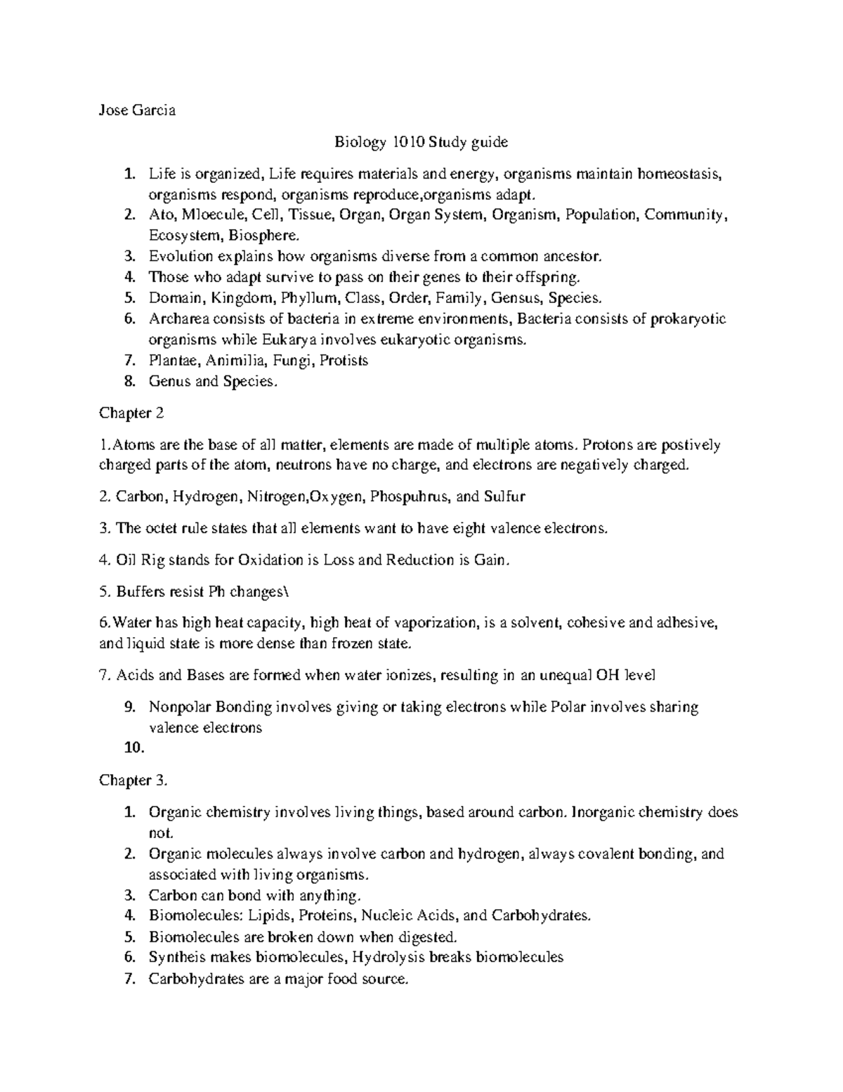 Biology 1 Study Guide 1 1 - Jose Garcia Biology 1010 Study Guide Life ...