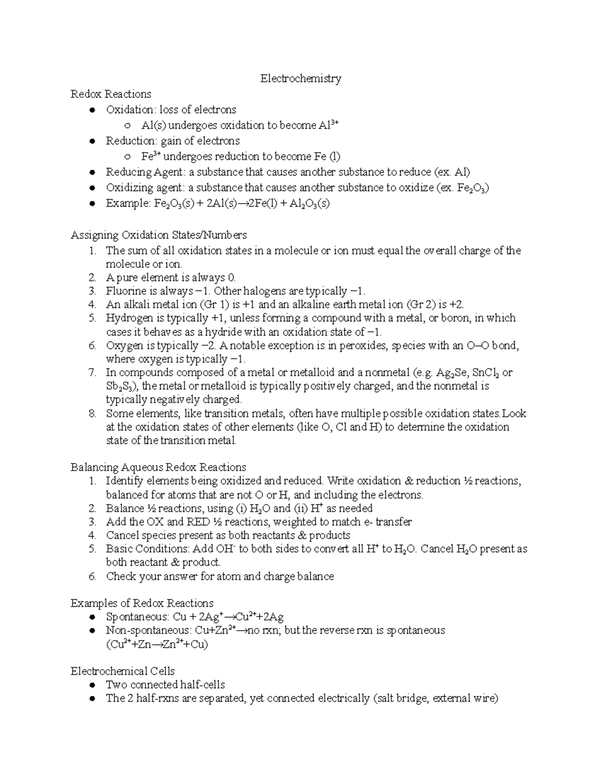 CHEM 1A03 Full Electrochemistry Unit Module Notes (Fall 2021 Semester