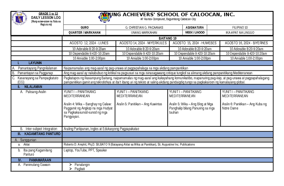 DLL Filipino 10 W4 - fdxgfsgfdgfdg - GRADE 1 to 12 DAILY LESSON LOG ...