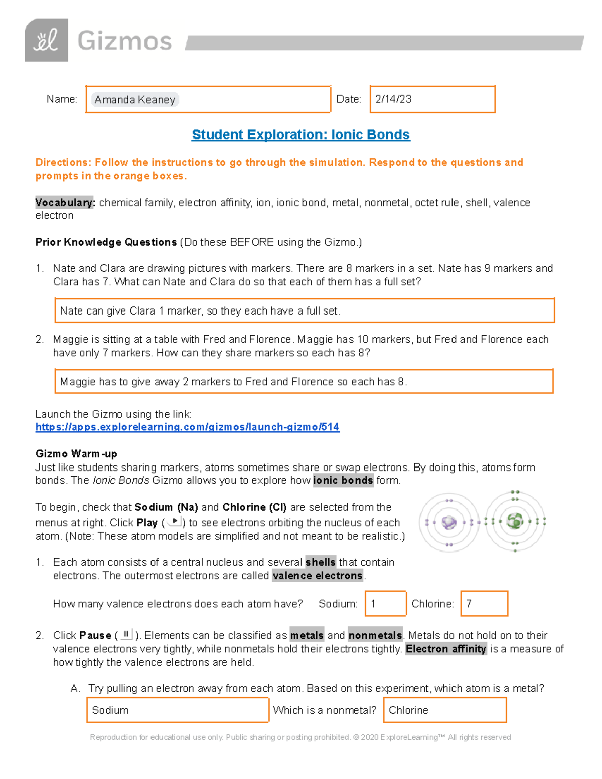 Ionic Bonds SE Gizmo Worksheet - Name: Amanda Keaney Date: 2/14 ...