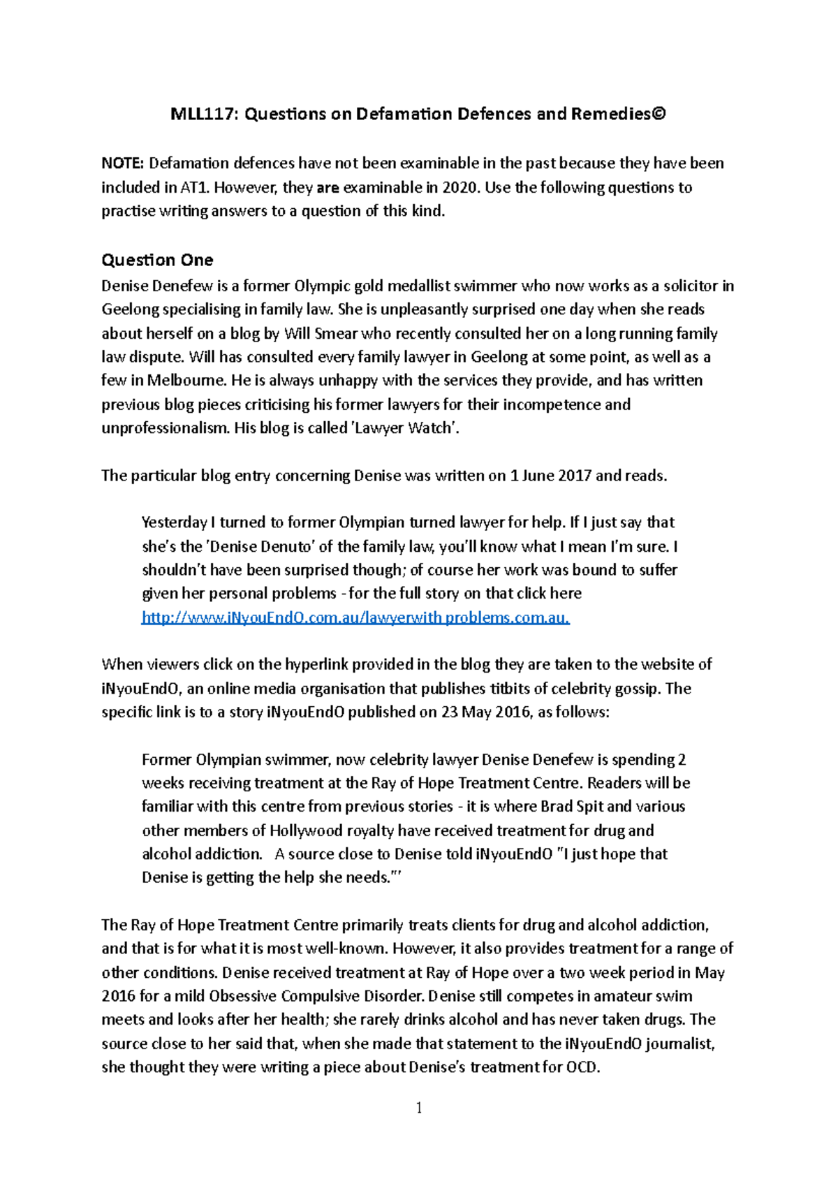 Questions and Answer Guides - Defamation Defences and Remedies 1 ...