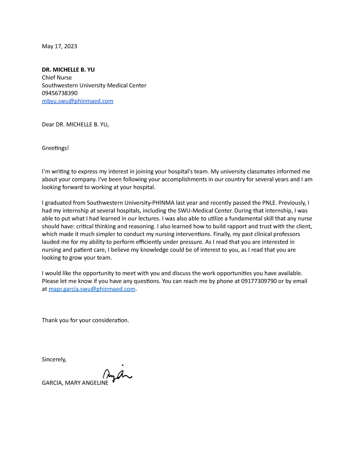 Garcia-Application-Letter - May 17, 2023 DR. MICHELLE B. YU Chief Nurse ...