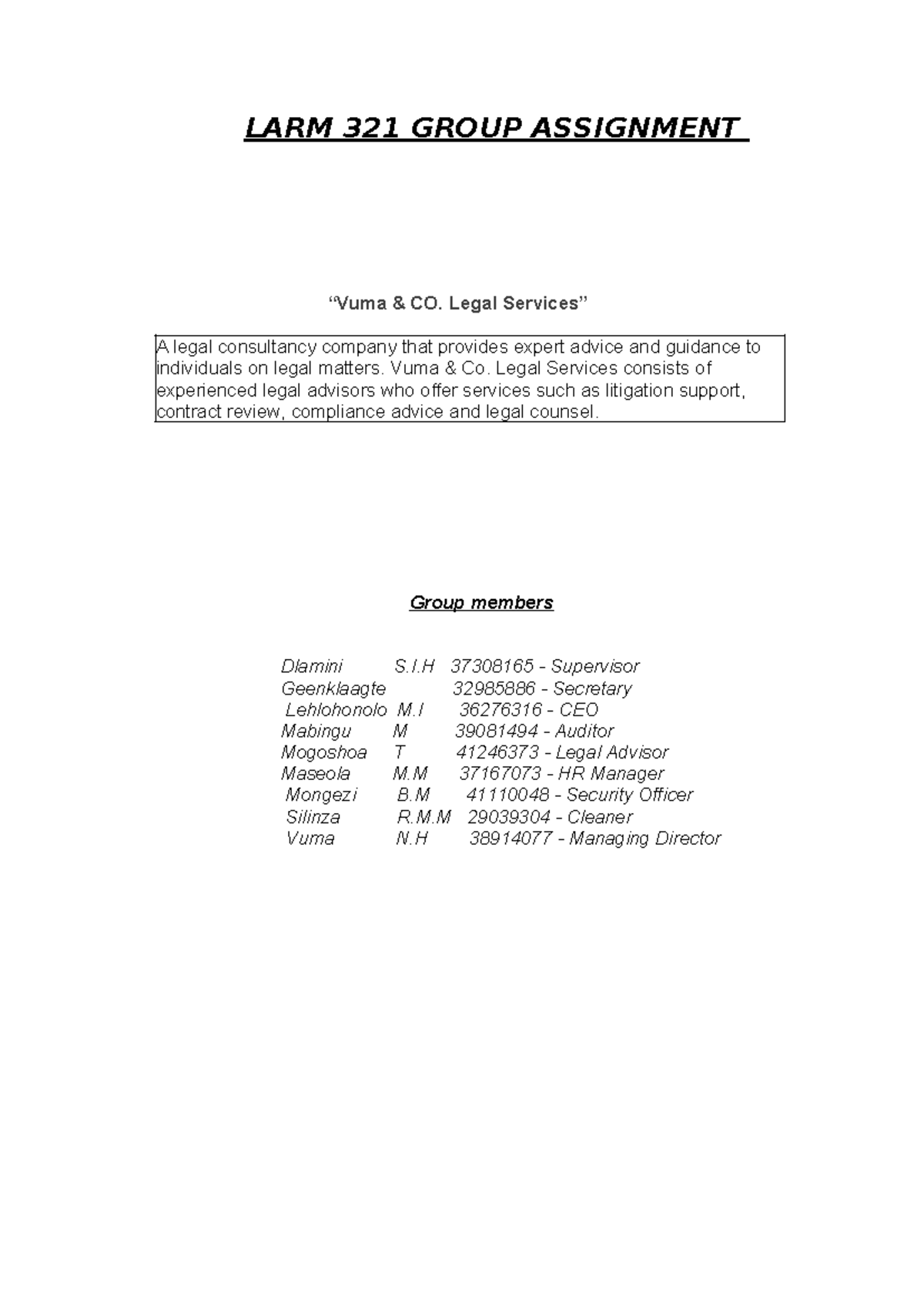 LARM TASK 2 Group Assign - LARM 321 GROUP ASSIGNMENT “Vuma & CO. Legal ...