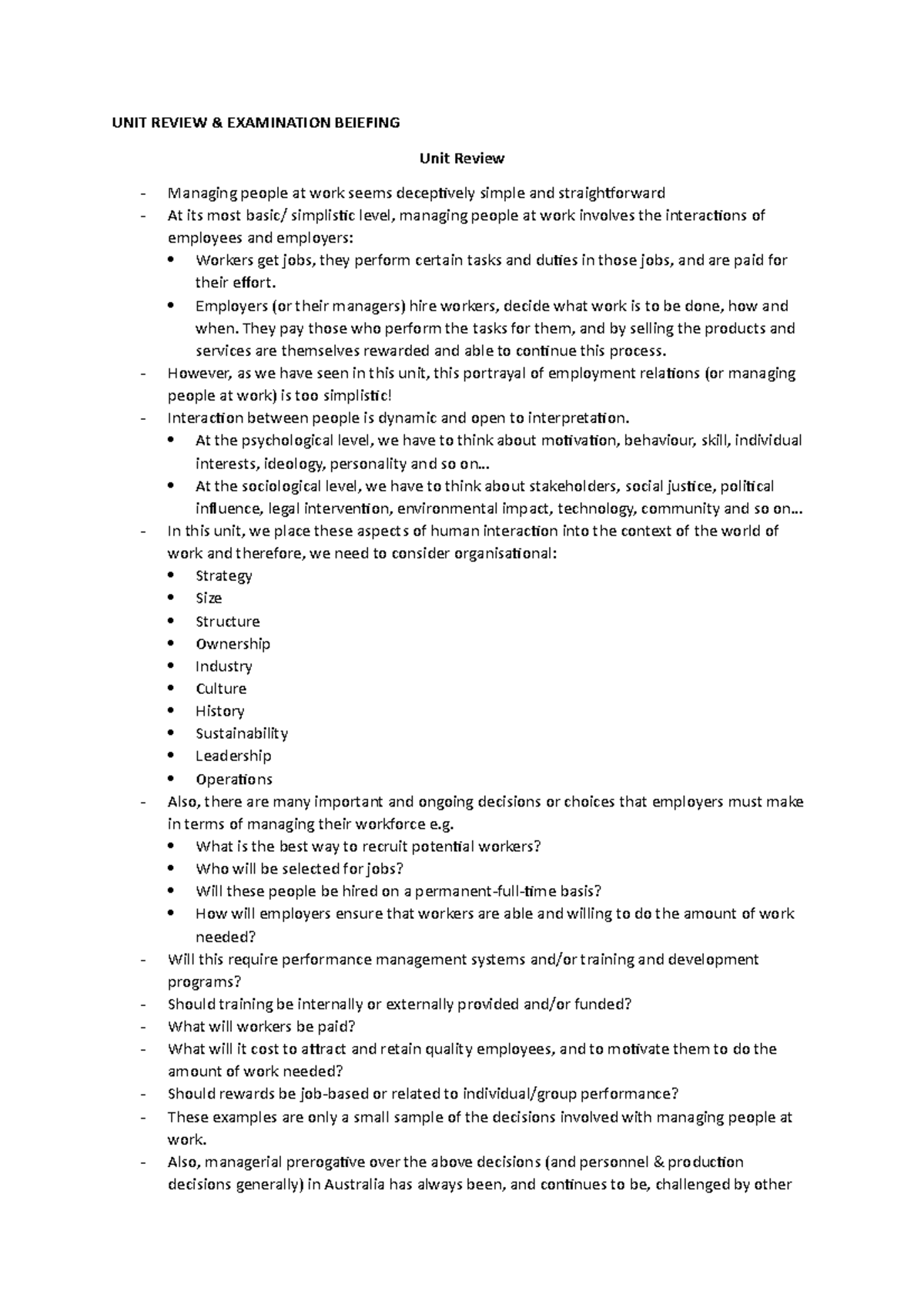 UNIT Review - HR - UNIT REVIEW & EXAMINATION BEIEFING Unit Review ...
