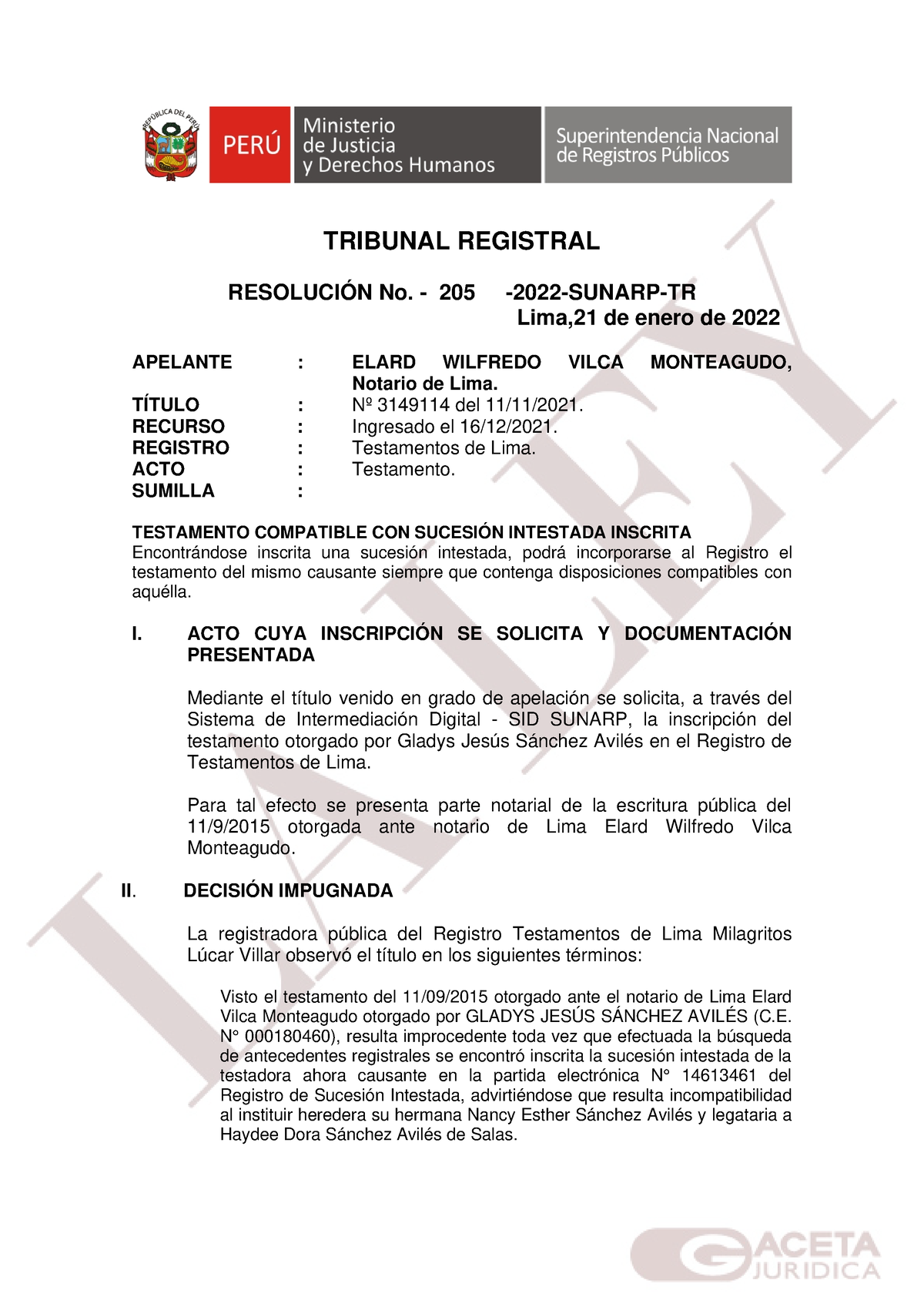 Resolución Nº205 2022 Sunarp Tr Laley Tribunal Registral ResoluciÓn No 205 2022 Sunarp Tr 3101