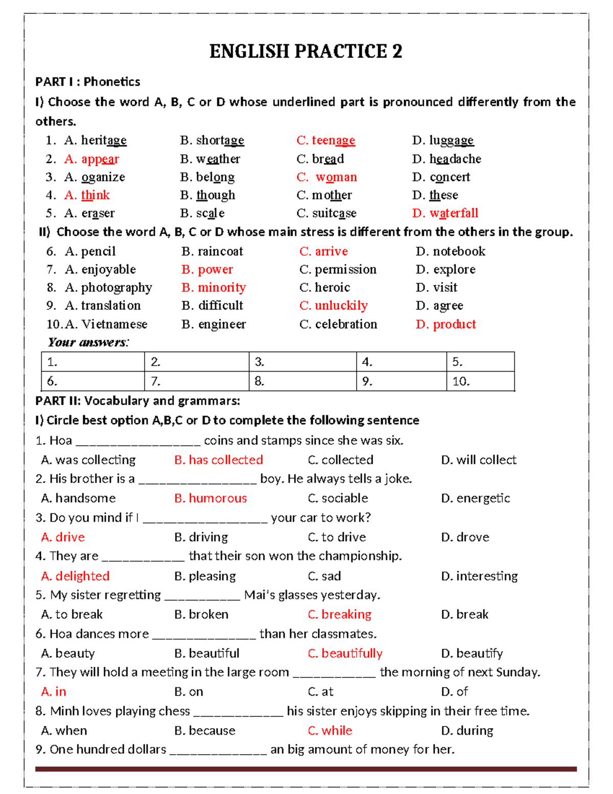 đề 2 No Key - Englsih - ENGLISH PRACTICE 2 PART I : Phonetics I) Choose ...