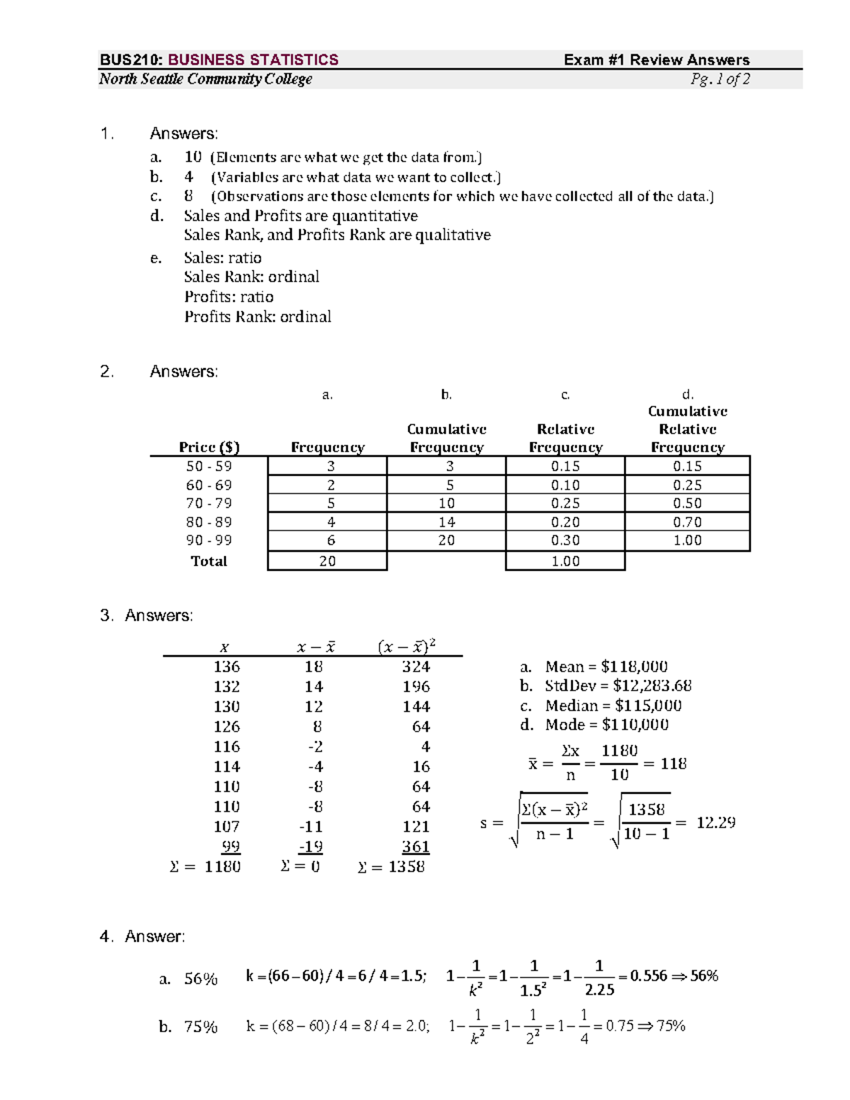 Test 1 Review 4 (subj 1-4) Answ - BUS210: BUSINESS STATISTICS Exam #1 ...