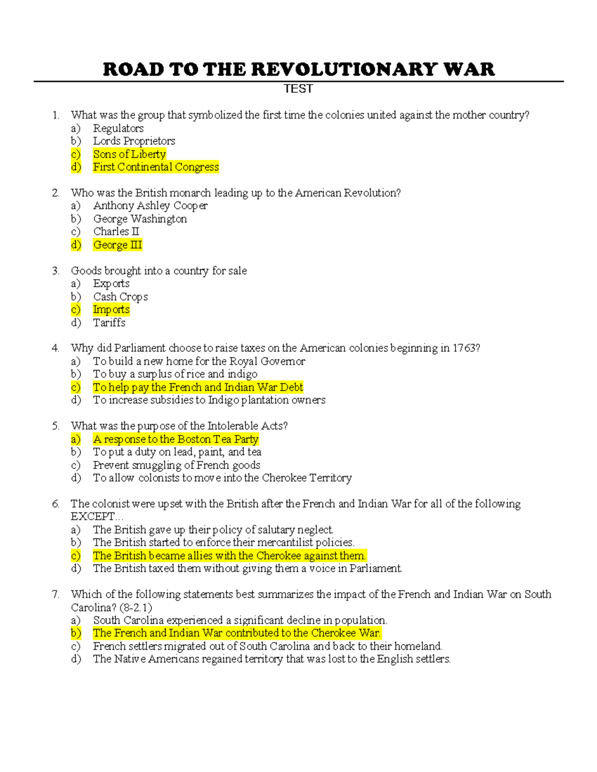 ROAD TO Revolution TEST Corrections - ROAD TO THE REVOLUTIONARY WAR ...