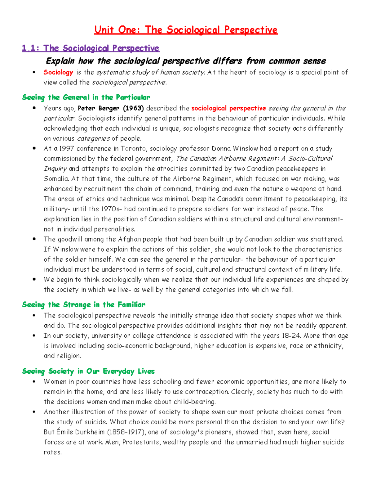 Unit One - Notes - Unit One: The Sociological Perspective 1: The ...