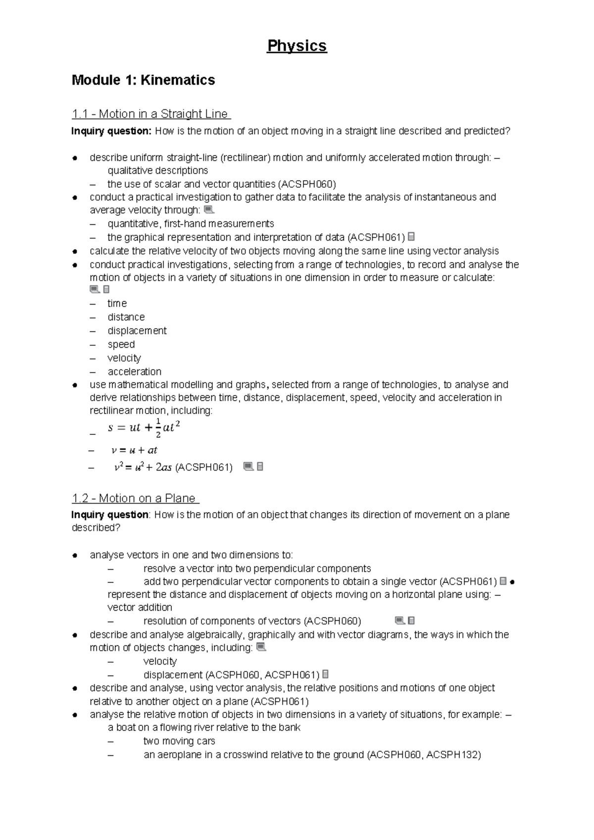 Physics checklist - Module 1: Kinematics 1 - Motion in a Straight Line ...