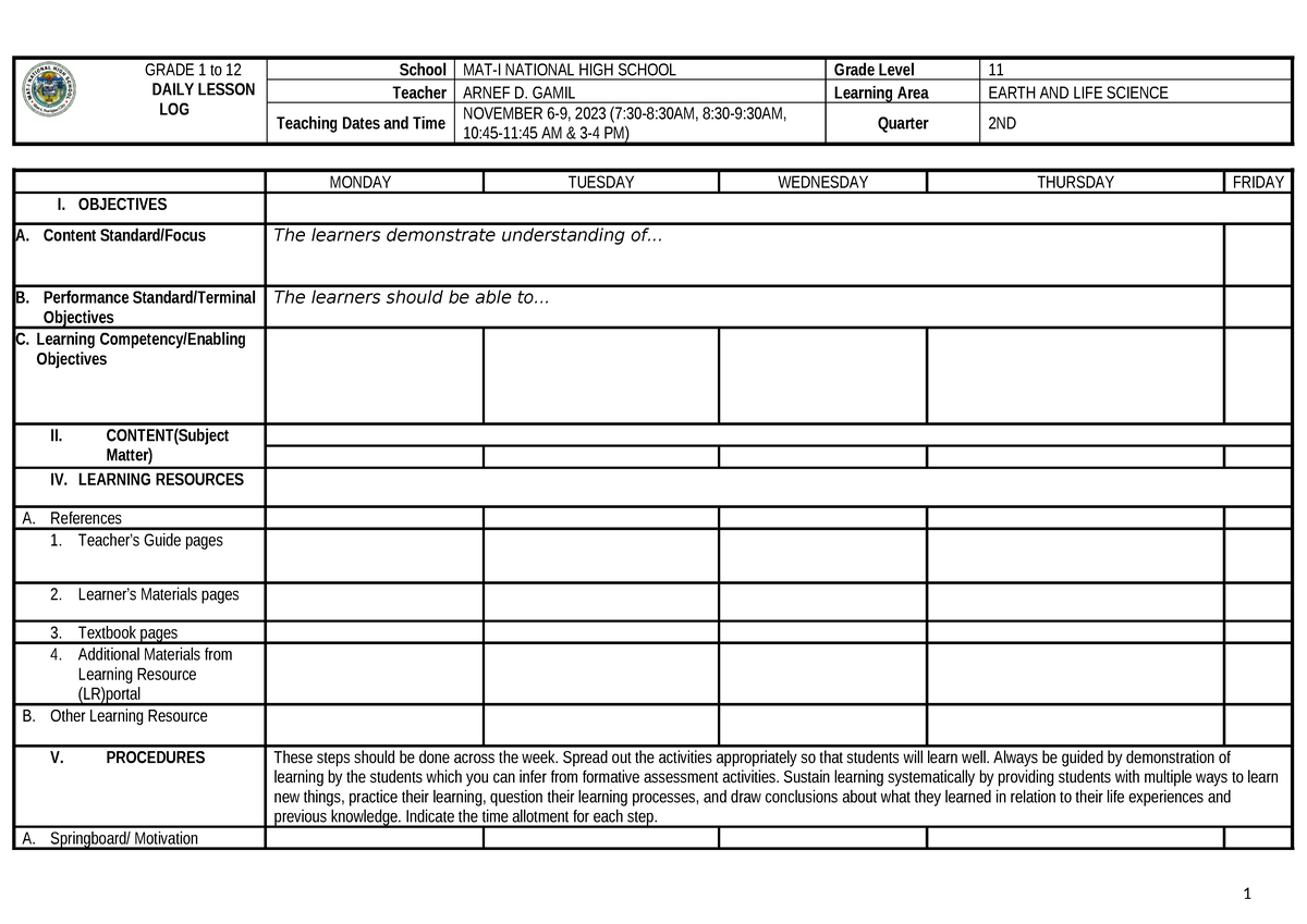 DLL-WITH- Motivation - doa - GRADE 1 to 12 DAILY LESSON LOG School MAT ...