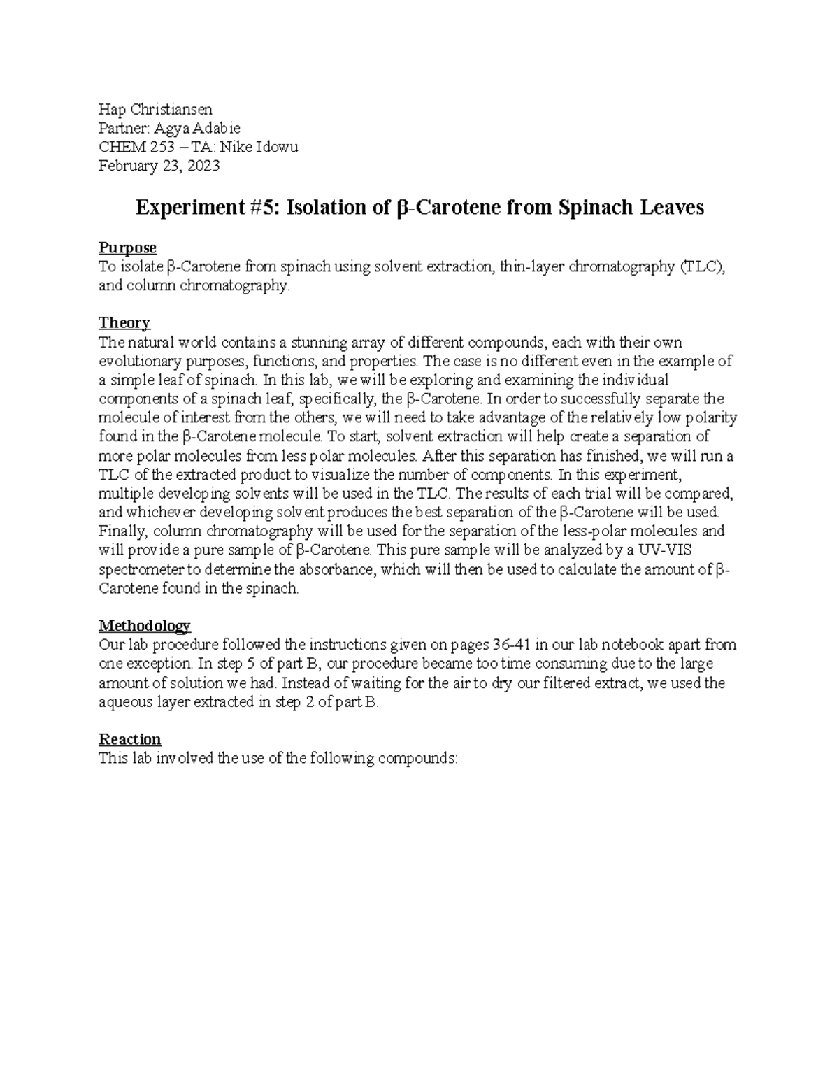 Experiment 5; Isolation of βCarotene from Spinach Leaves Lab Report
