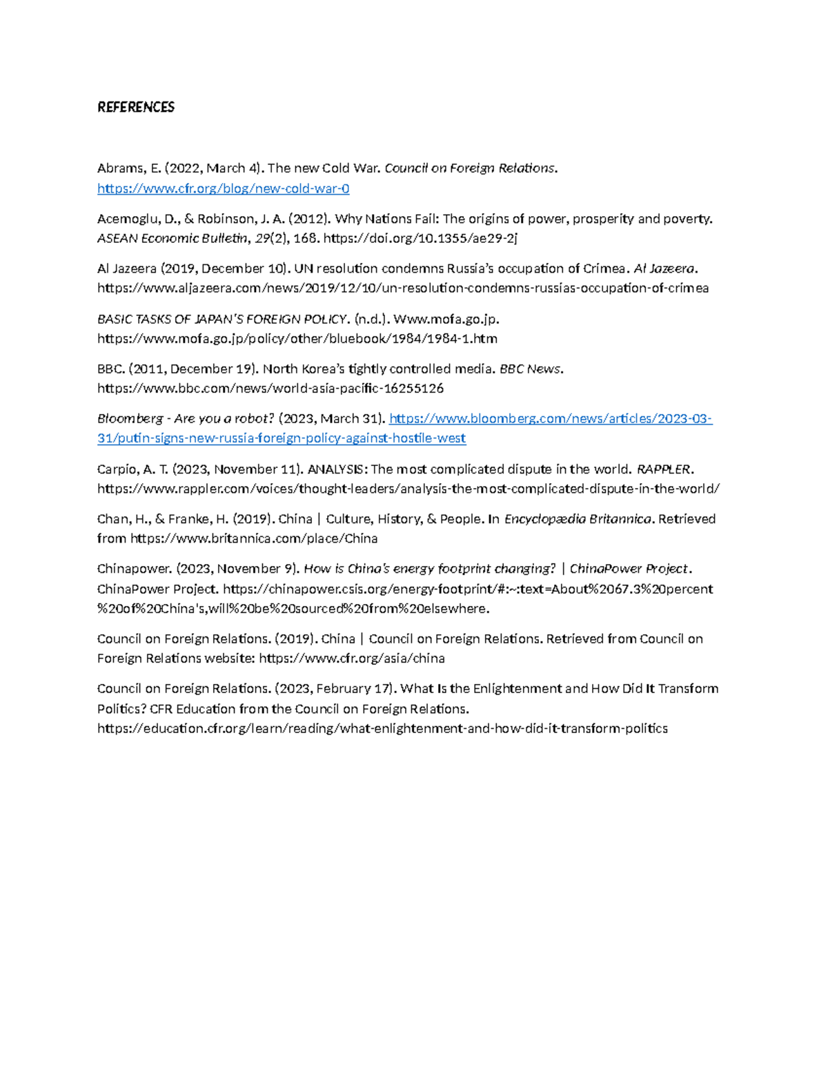 References China - REFERENCES Abrams, E. (2022, March 4). The new Cold ...