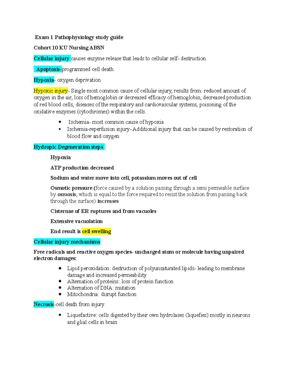 Patho Exam 1 Study Guide - Exam 1 Pathophysiology study guide Cohort 10 ...