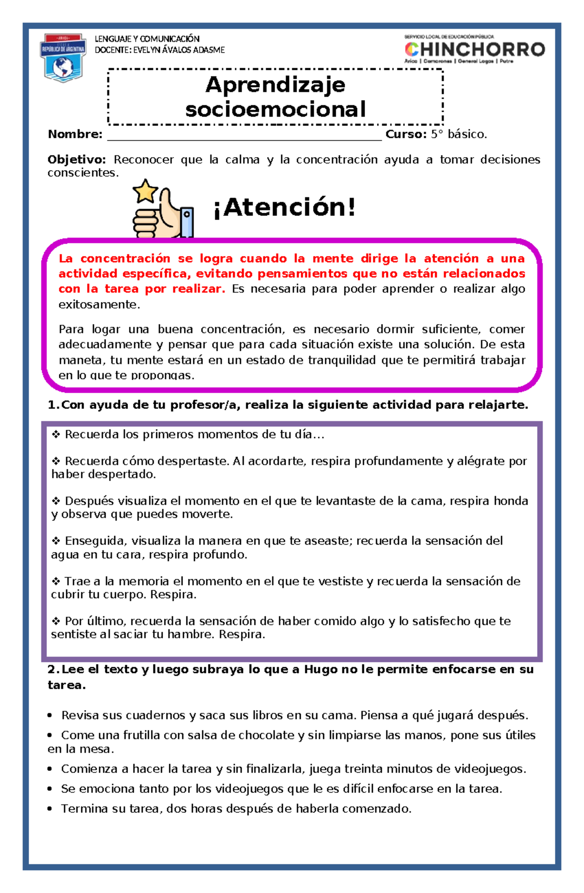 5 básico Ficha 1 Atención DOCENTE EVELYN ÁVALOS ADASME Nombre