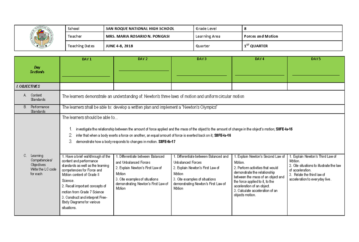 Toaz - DLL ON SCIENCE 8 FORST AND MOTION - School SAN ROQUE NATIONAL ...