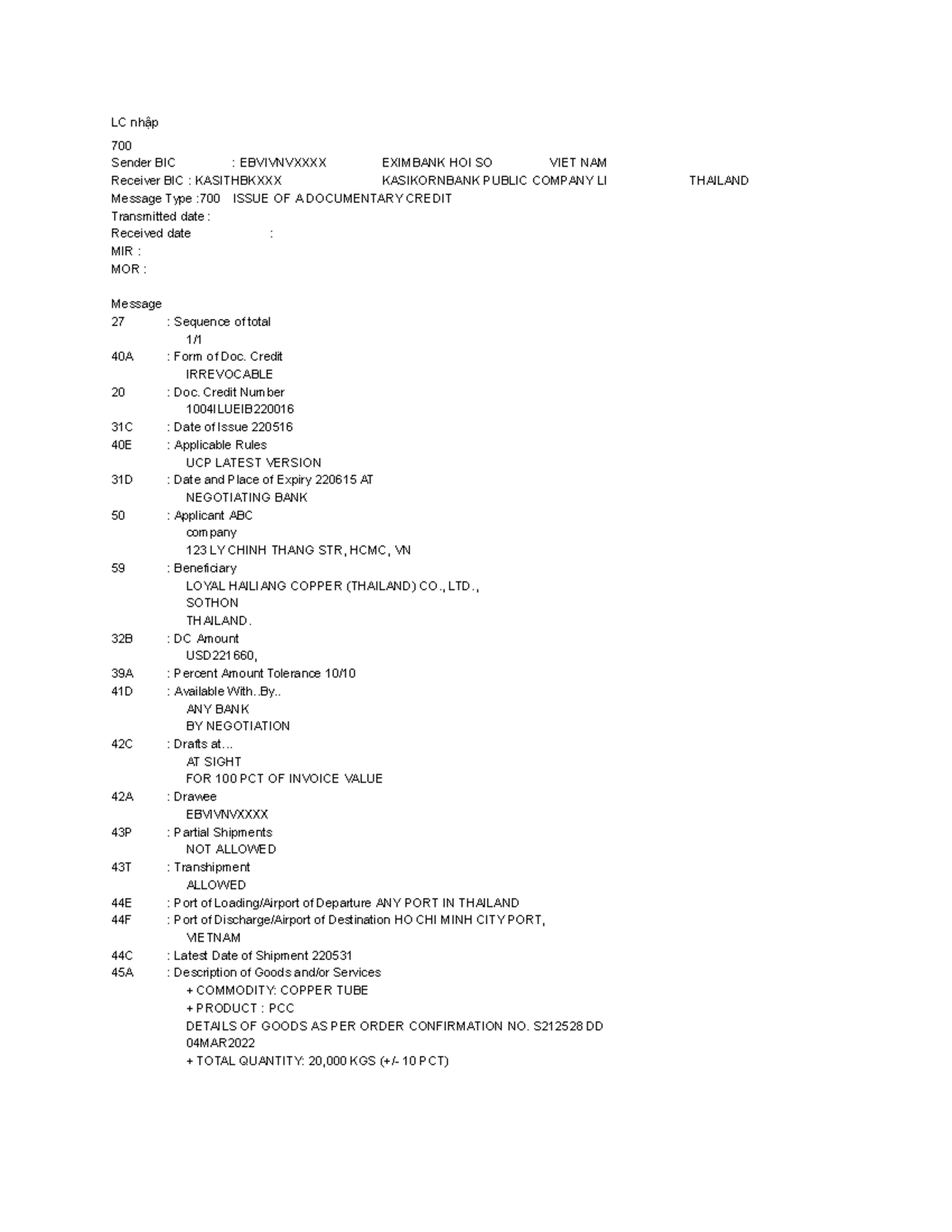 LC xuat - phương thức thanh toán bằng LC - LC nhập 700 Sender BIC ...
