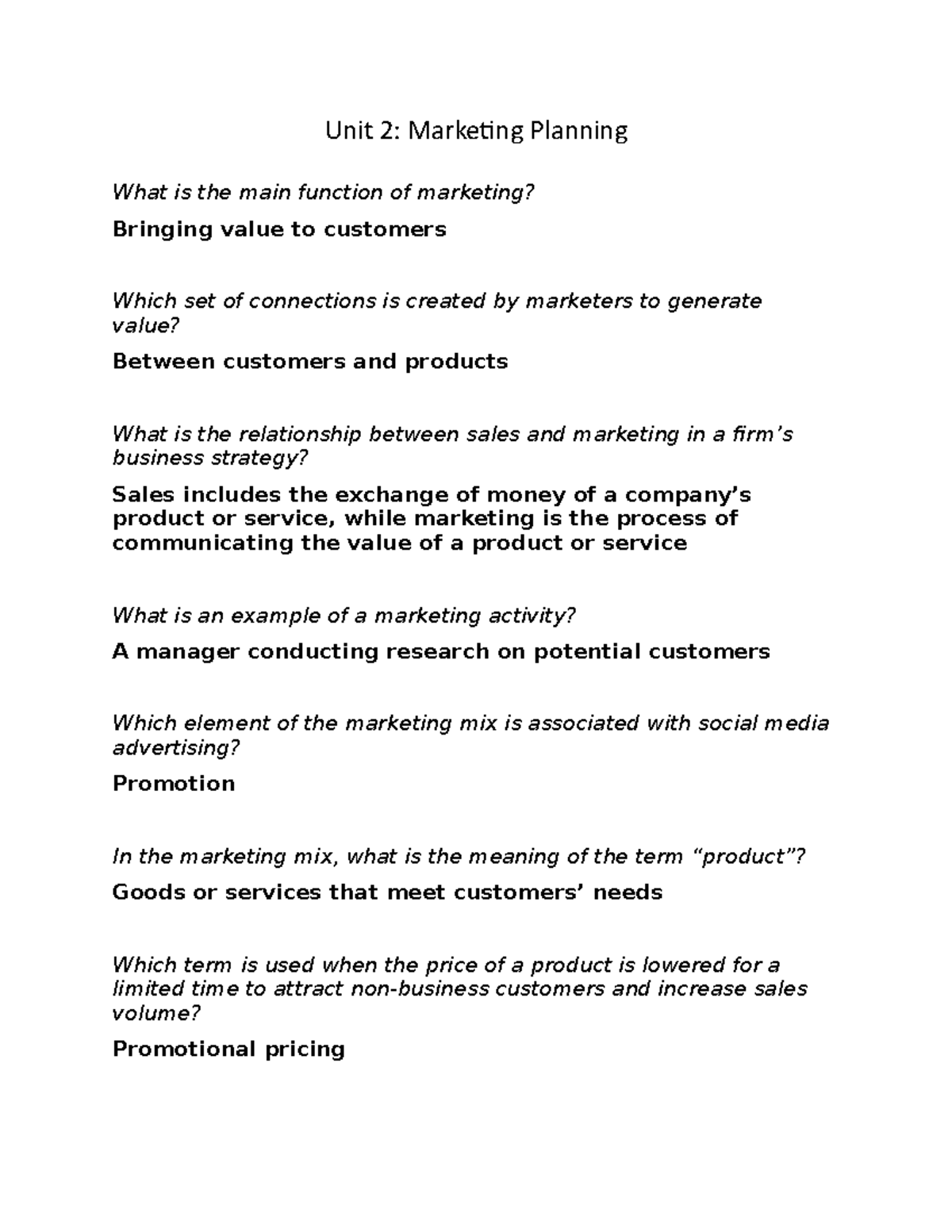 D077 - Unit 2 - D077 Unit 2 - Unit 2: Marketing Planning What Is The ...